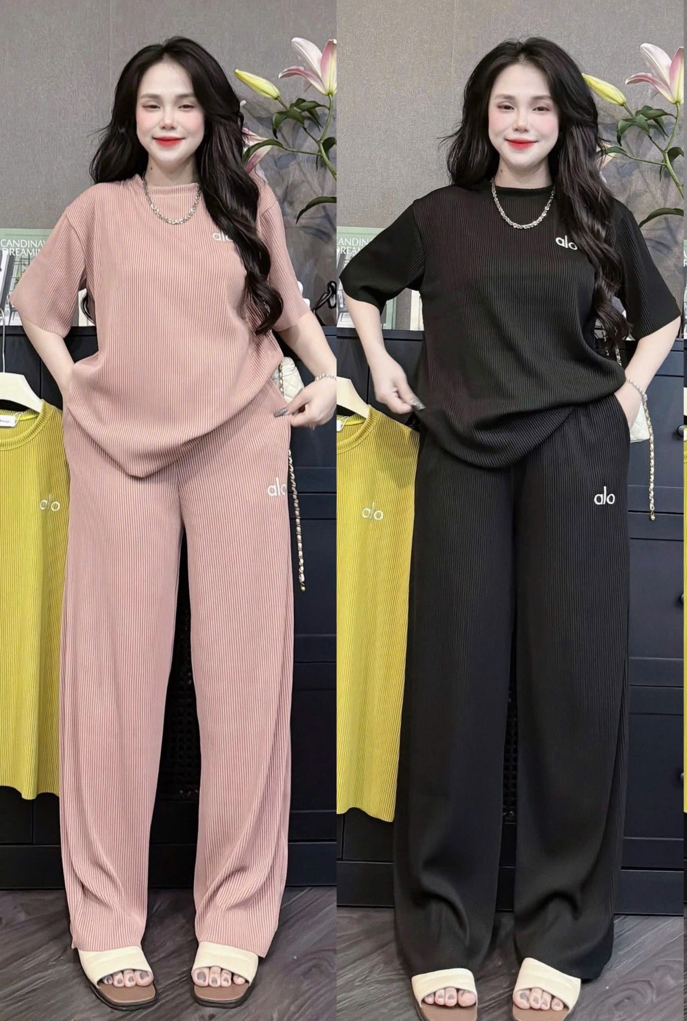  Set bộ thun gân thêu chữ alo mix quần suông rộng - HỒNG - Z97 ( QUẦN 105CM, ÁO 70CM ) 