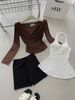  Set 3 món áo cổ yếm + trễ vai nâu mix quần short umi - H100 
