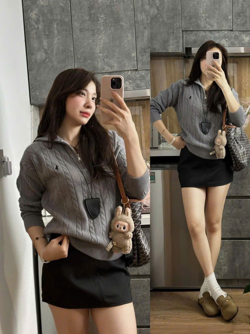  Áo len thừng thêu ngựa cổ khóa kéo - XÁM - R188 