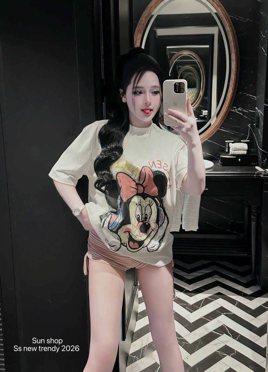  Set áo phông chuột hoạt hình cộc tay kèm quần short kẻ rút dây - K179 
