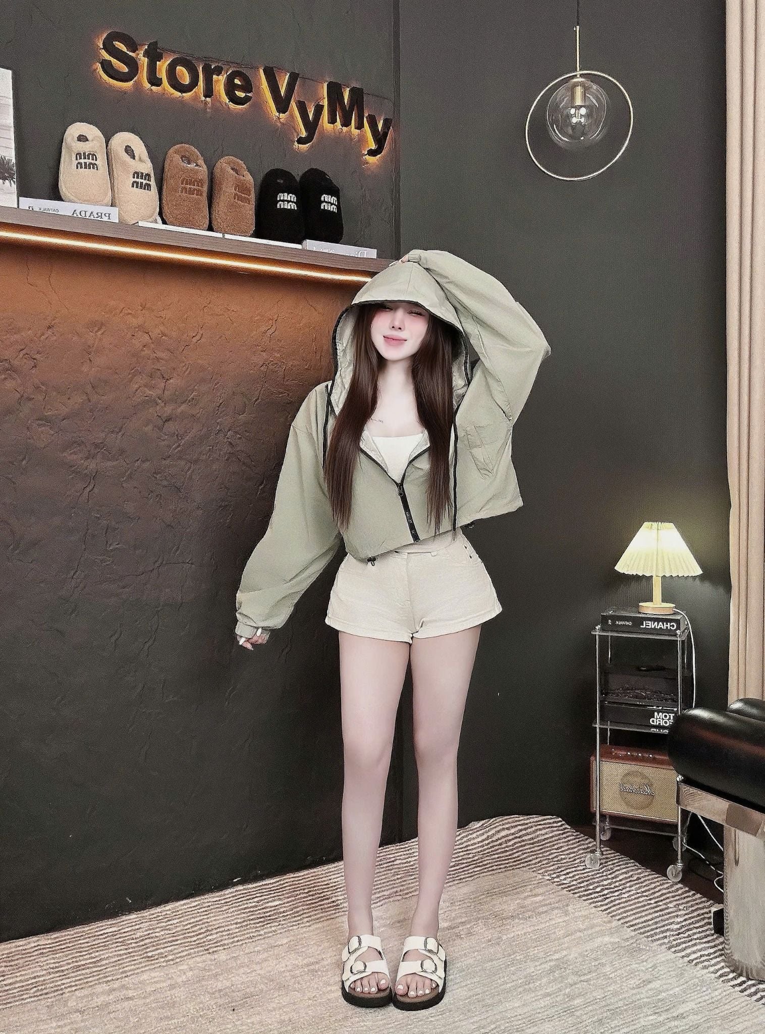  Áo khoác dù hai lớp form croptop phối viền - GHI - N72 