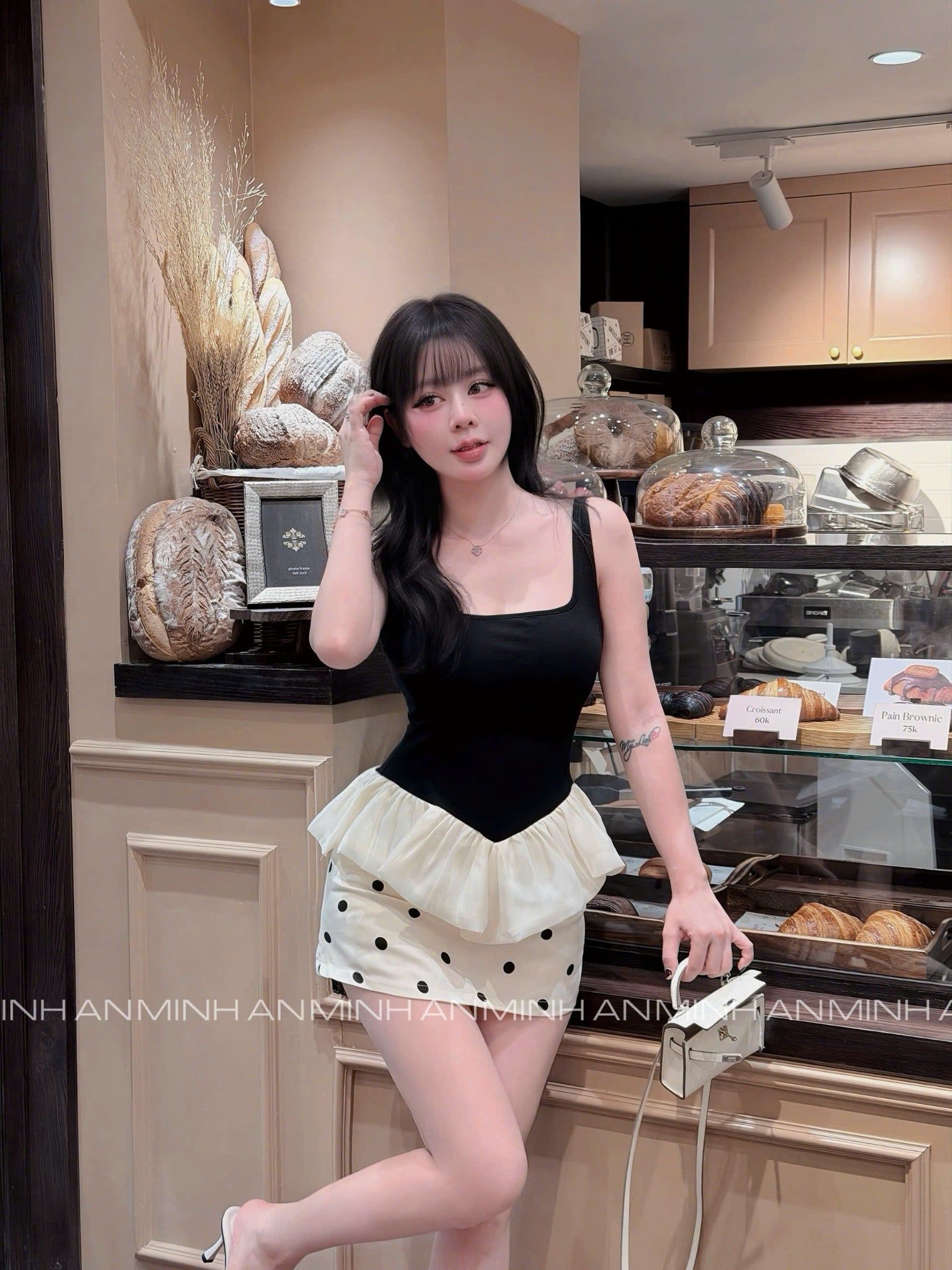  A64 Set áo hai dây bản to form ôm lai phối bèo mix chân váy chấm bi - Z274 (EO S<68, M<72) 