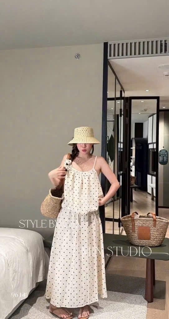  Set chấm bi áo 2 dây dáng bí mix váy suông dài KEM - E199 ( CD VÁY : 87cm ) 