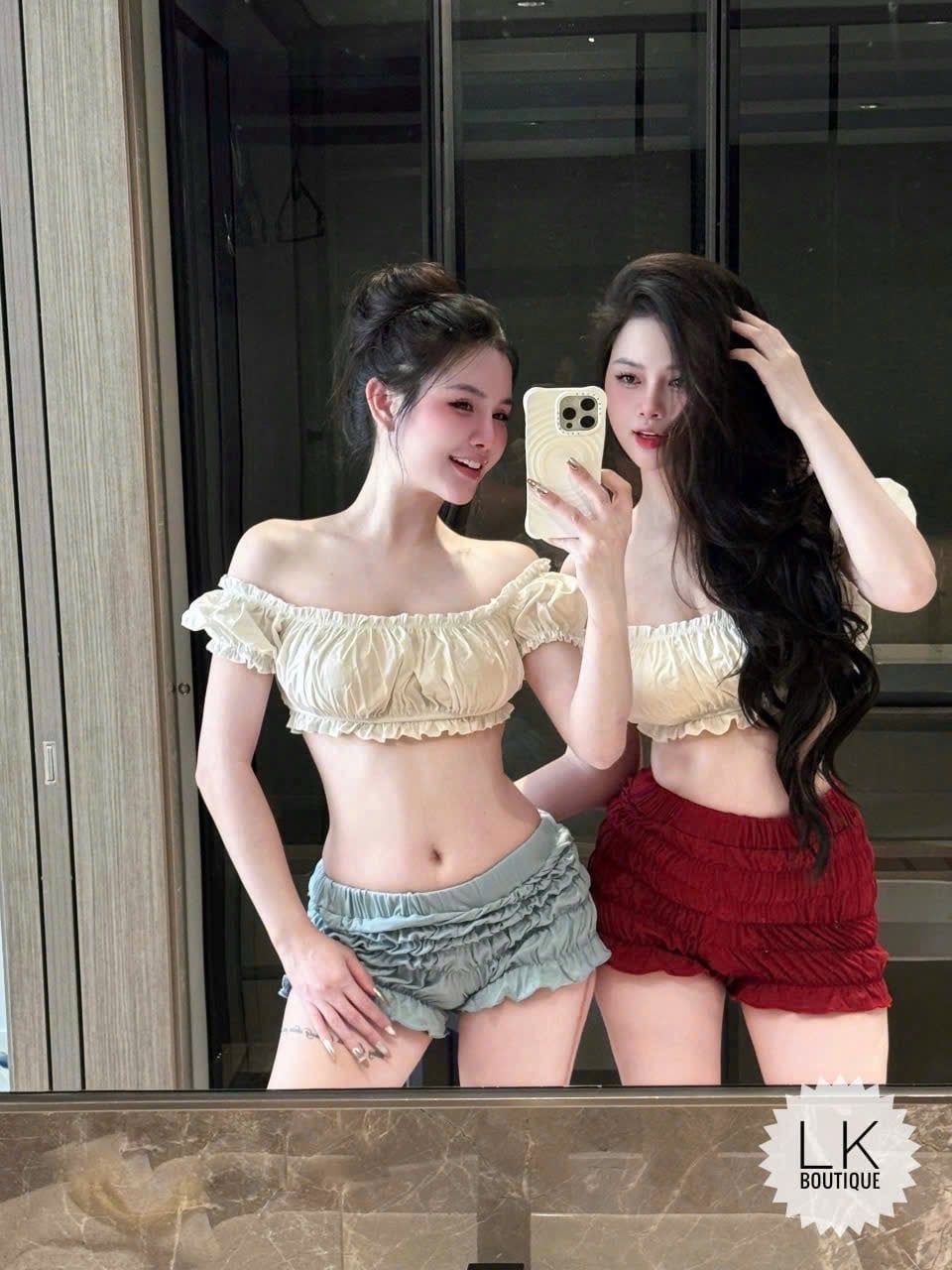 Set áo trễ vai croptop mix quần short chun - XANH - K257 