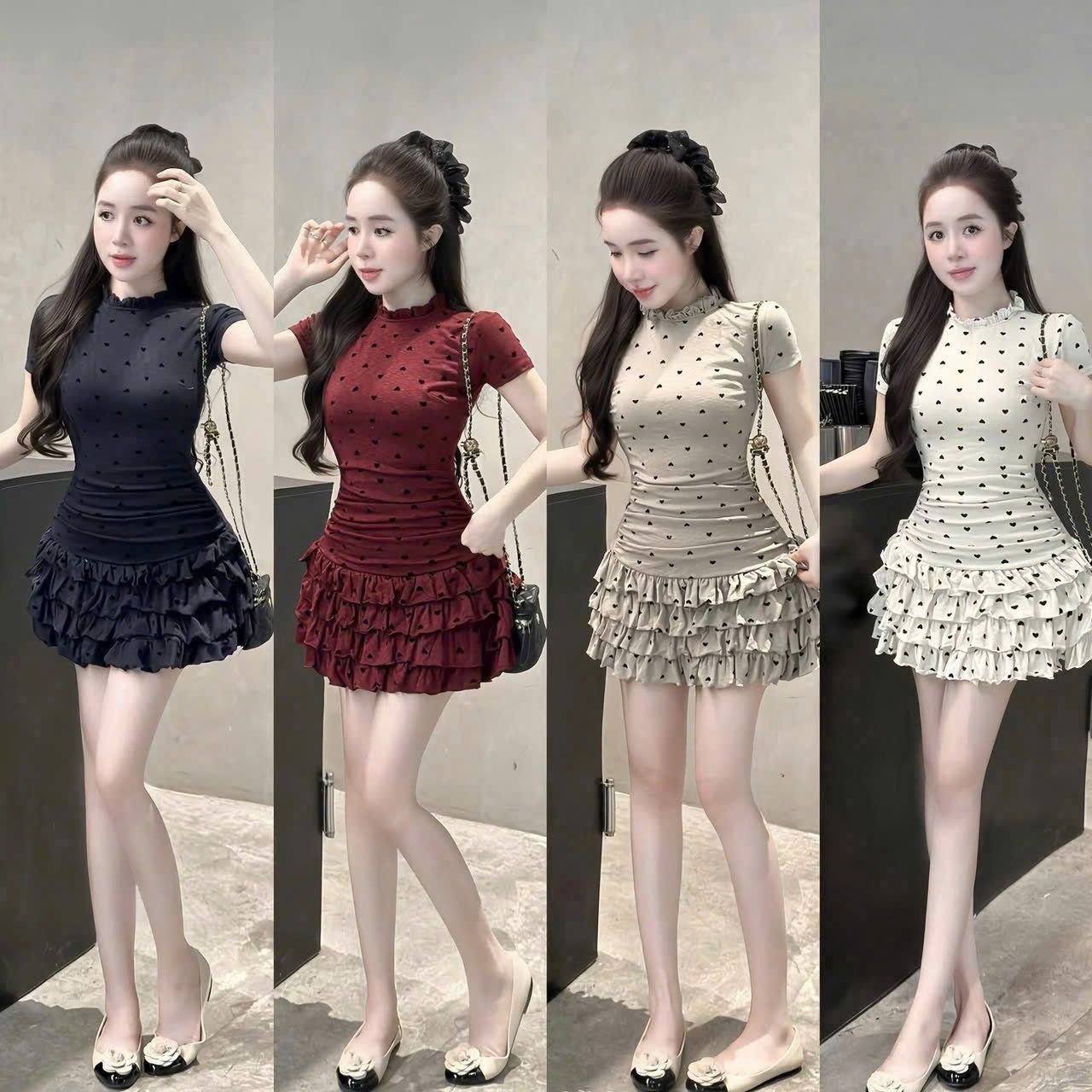  Đầm ôm body họa tiết chấm bi tùng tầng - XANH - E118 