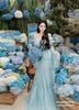 Đầm maxi trễ vai dài tay dáng dài xòe - XANH - G66