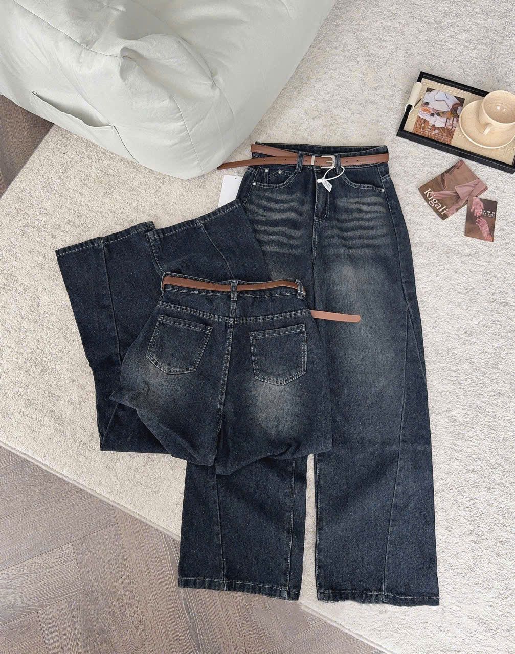  Quần jean BASIC ống suông wash nhẹ kèm nịt - Z76 (EO S<64 ,M<68, L<72) - DÀI 103CM 