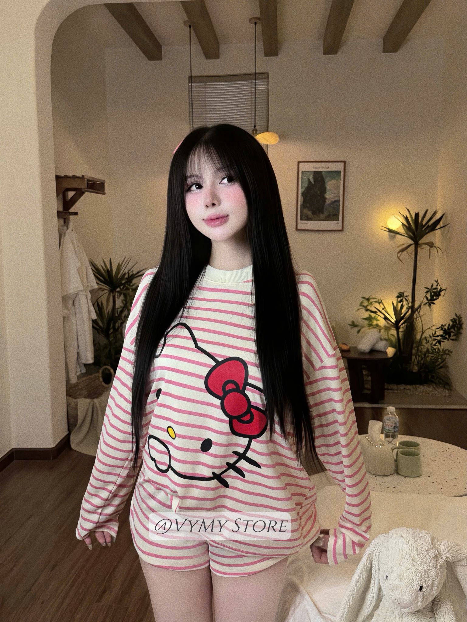  H121 Set bộ tay dài kẻ sọc HELLO KITTY mix quần short ngắn siêu hot - HỒNG - G73 
