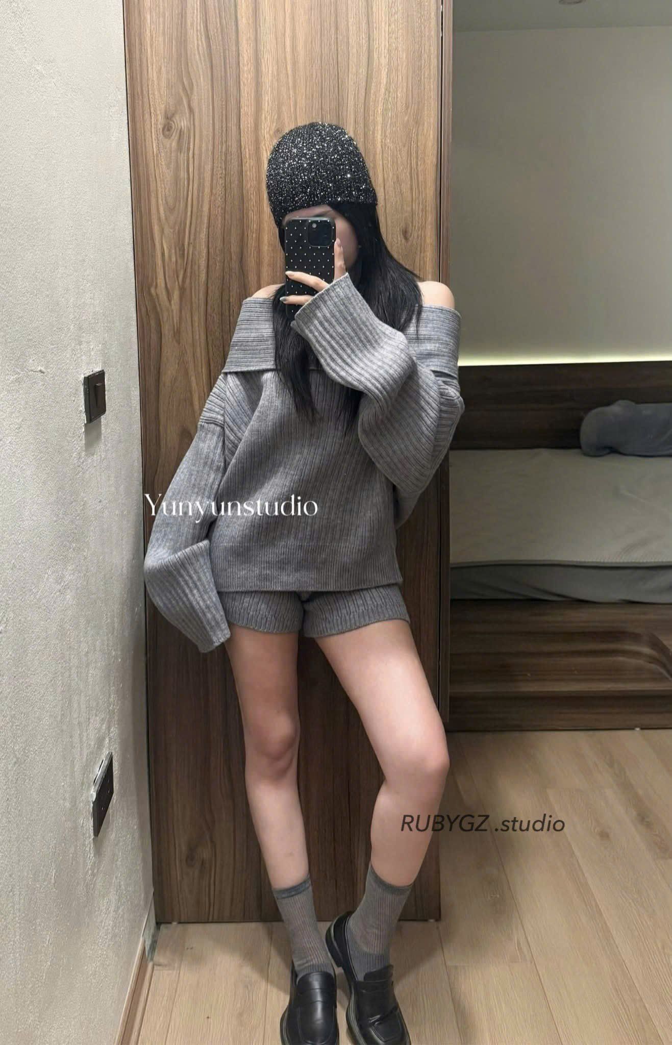  Set bộ len áo trễ vai tay dài mix quần short - XÁM - N143 