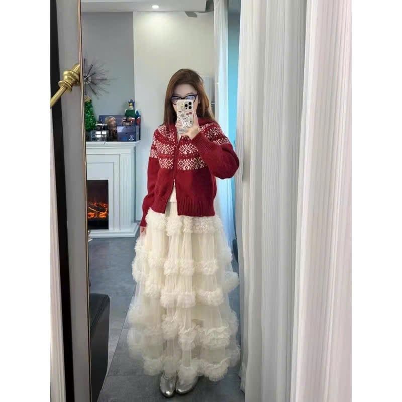  Chân váy ren dáng dài phối bèo tầng - KEM - Z54 