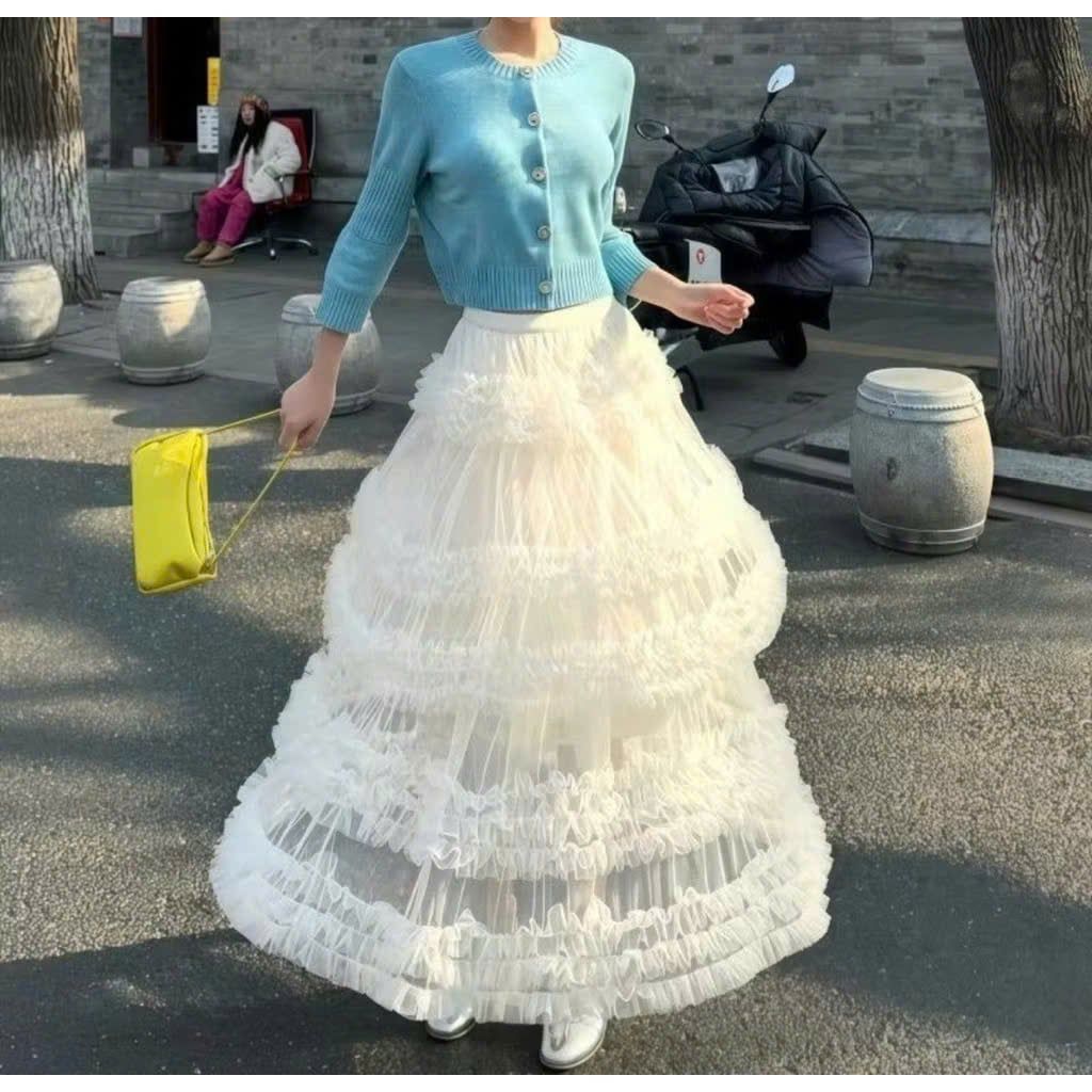  Chân váy ren dáng dài phối bèo tầng - TRẮNG - Z57 