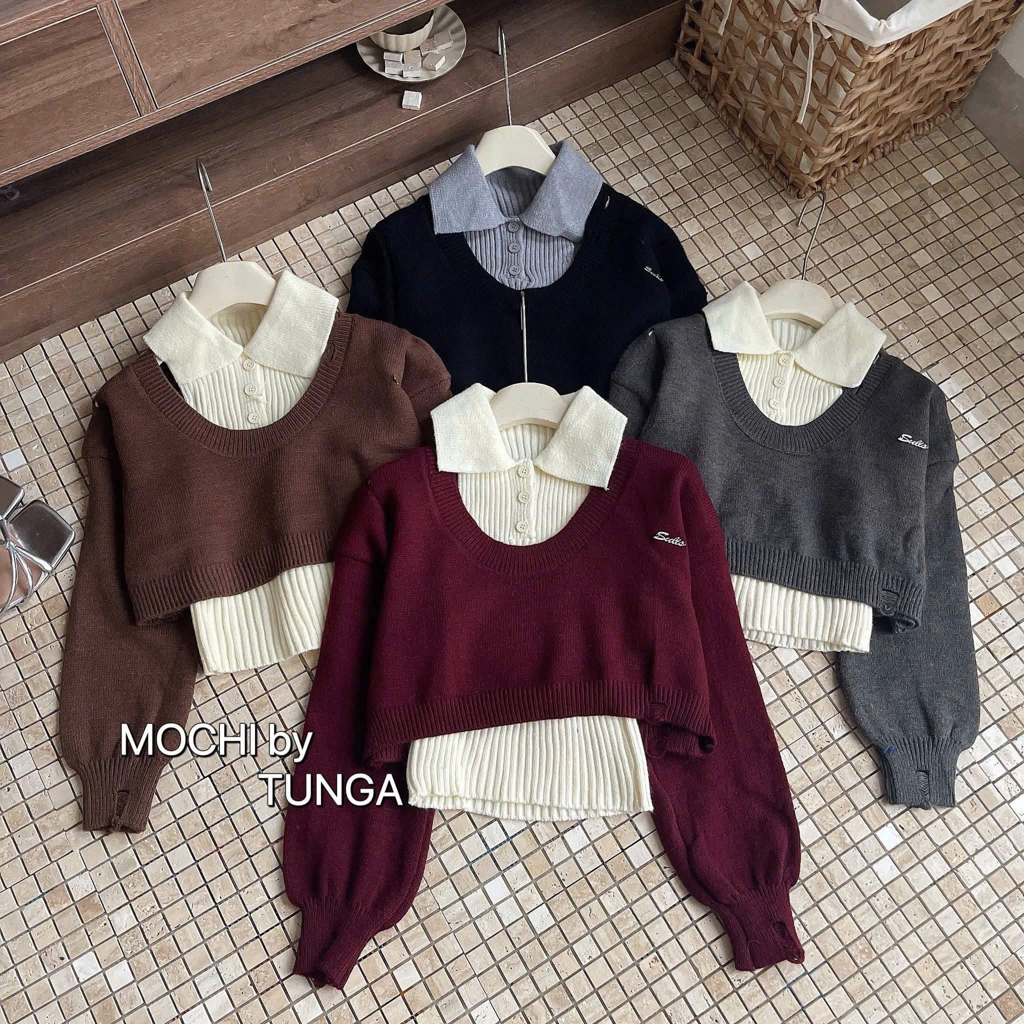  Set len 2 món áo cổ bẻ sát nách kèm len dài cổ còn croptop - NÂU - N163 H109 