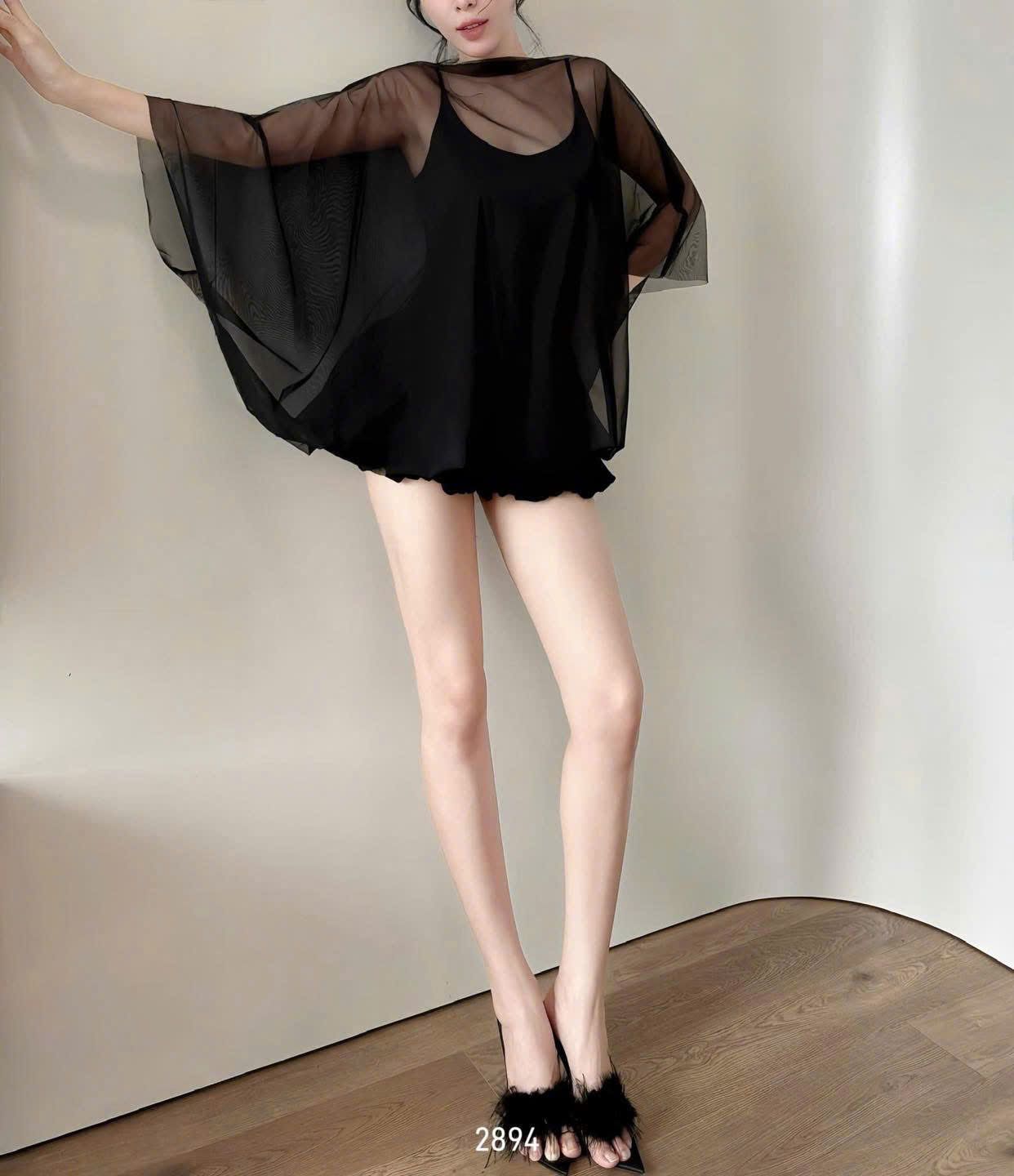  Đầm hai dây ôm body mix áo choàng lưới sang chảnh - E234 ( eo S<68-70, M<72-74 ) H20 