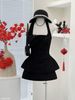  Set áo cổ yếm vạt nhọn tua rua mix chân váy dáng A - ĐEN - S210 ( eo S<68, M<72 ) 