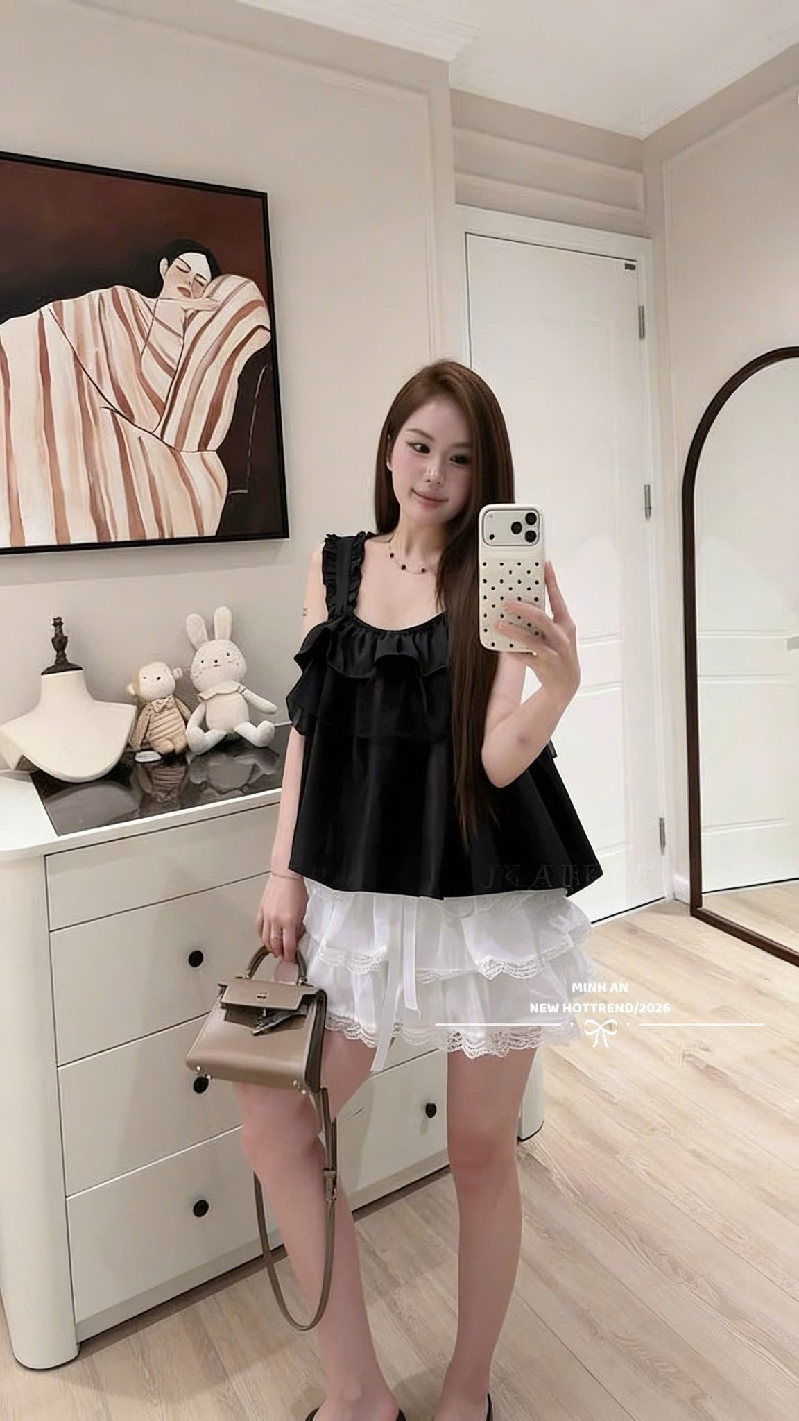  Set áo hai dây bản to mix chân váy tầng phối ren - ĐEN - G174 