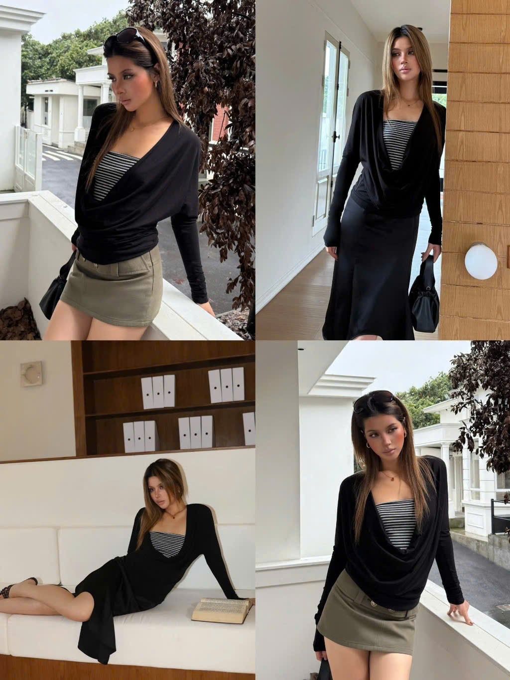  Set áo quây kẻ sọc mix áo cổ đổ tay dài - ĐEN - Z49 