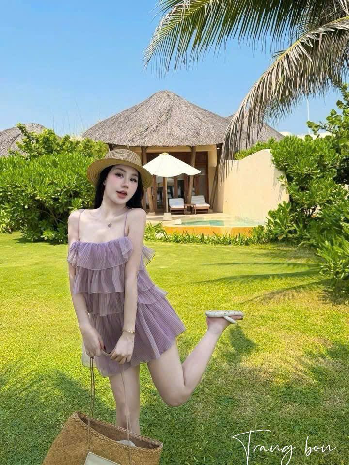  Set áo hai dây dập ly bèo tầng mix chân váy ngắn - TÍM - G79 