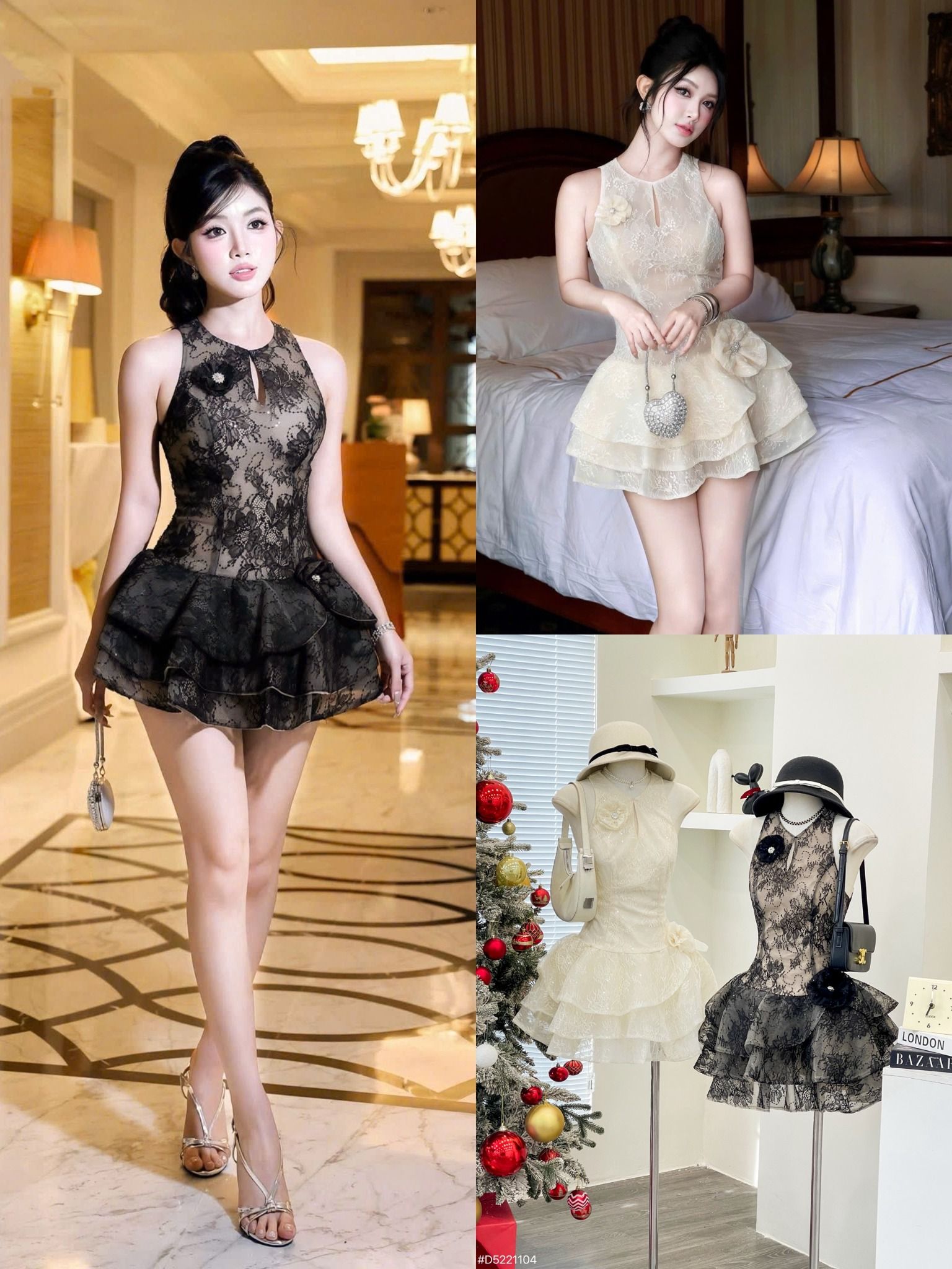  Đầm ren thiết kế sát nách đính hoa tùng xoè sang chảnh - ĐEN - H39 ( eo S<68, M<72 ) ( DÀI 80CM ) 