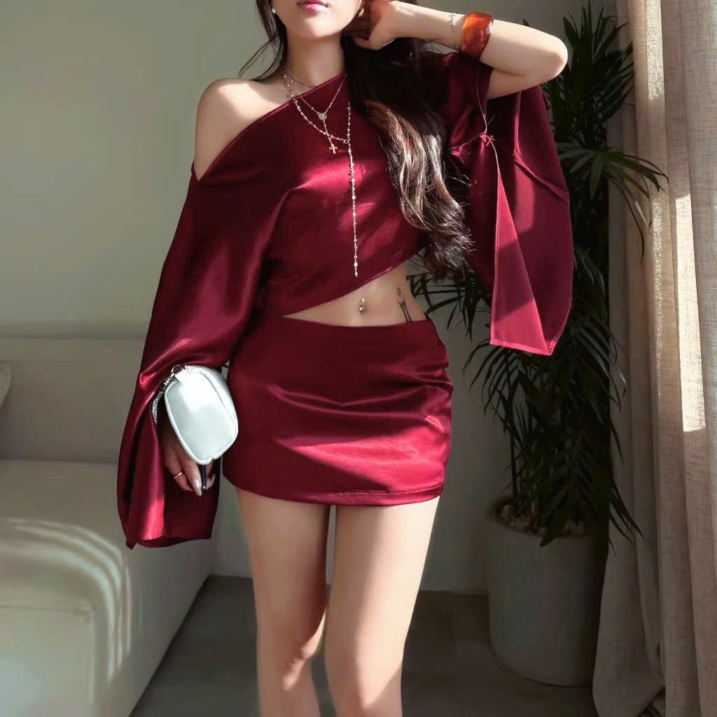  Set áo lụa form croptop trễ vai + chân váy 2 lớp - ĐỎ - A50 ( EO S<68, M<72, L<76 ) 