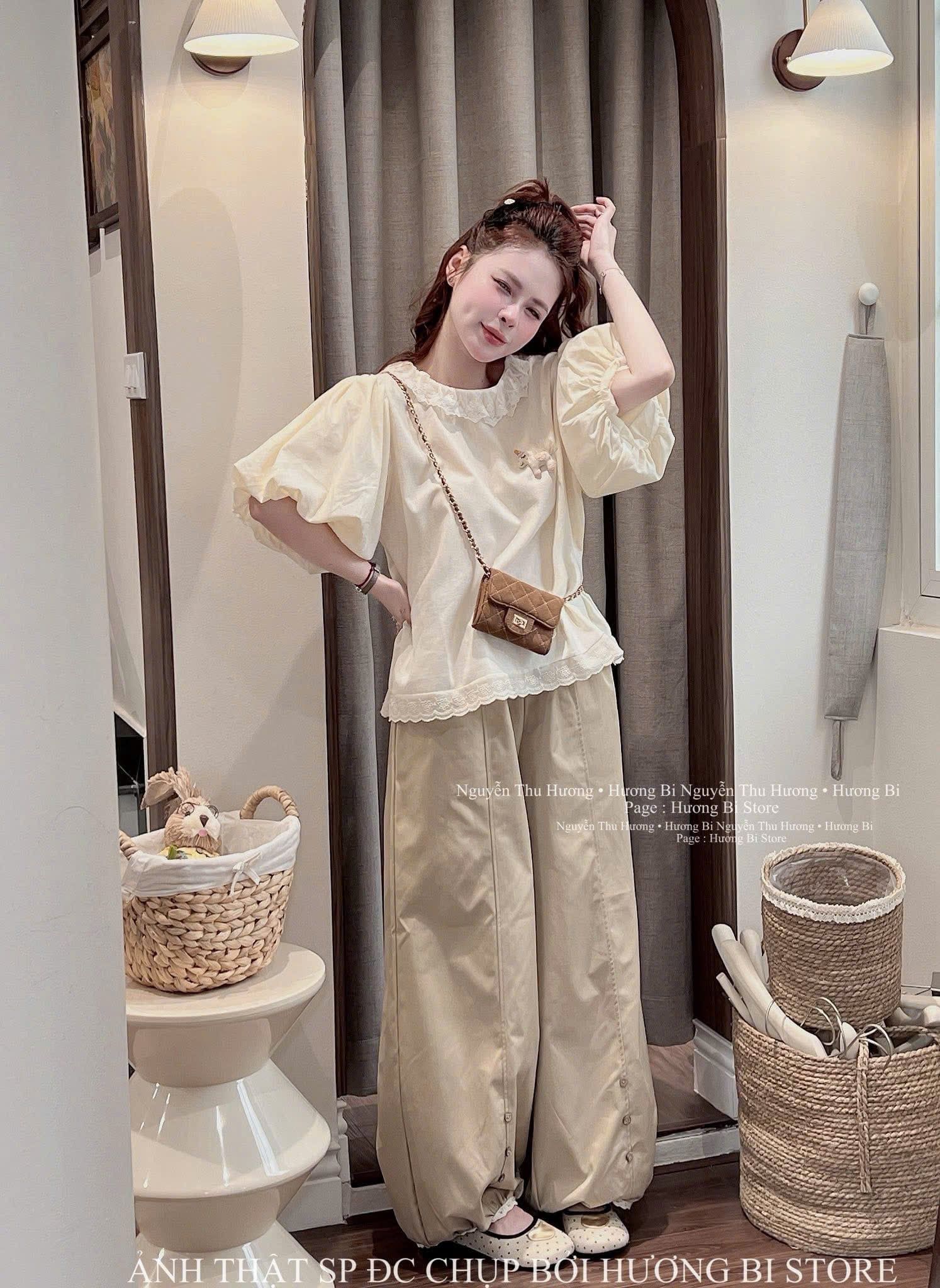  Set áo tay bồng cổ tròn phối ren mix quần suông ống rộng phối nút - Z53 