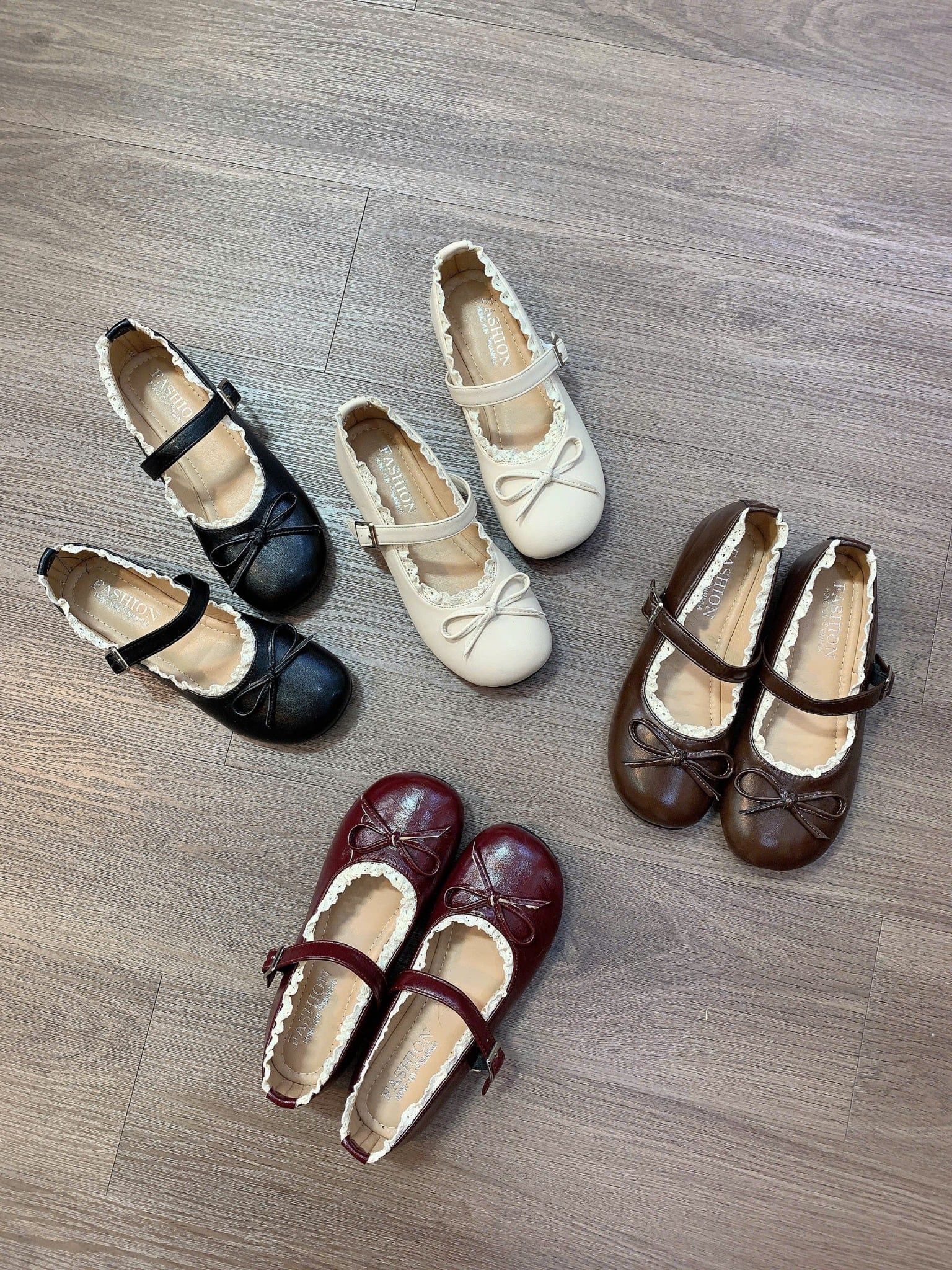  Giày búp bê quai ngang nâu phối ren - KEM - G27 