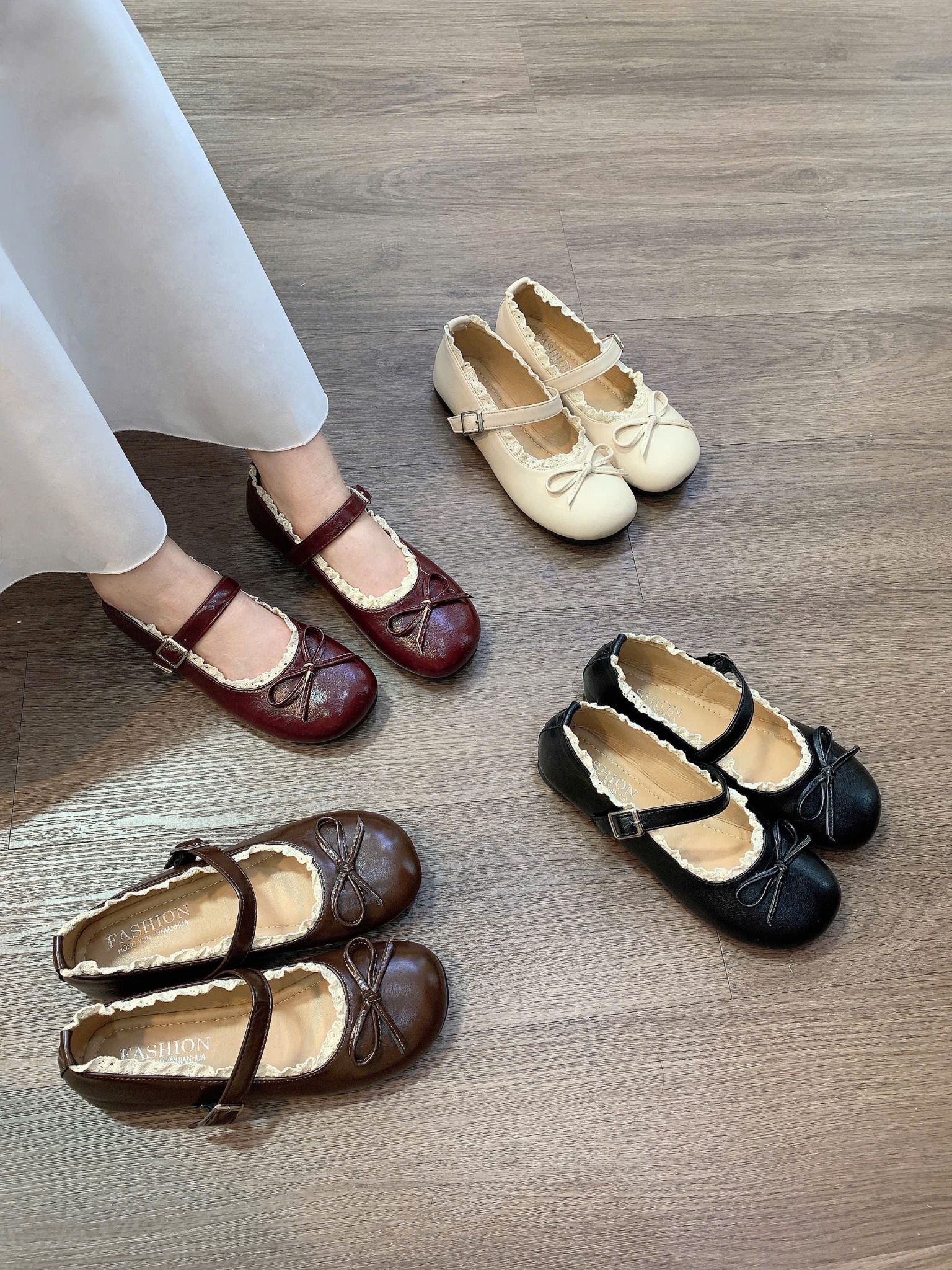  Giày búp bê quai ngang nâu phối ren - ĐỎ - G25 