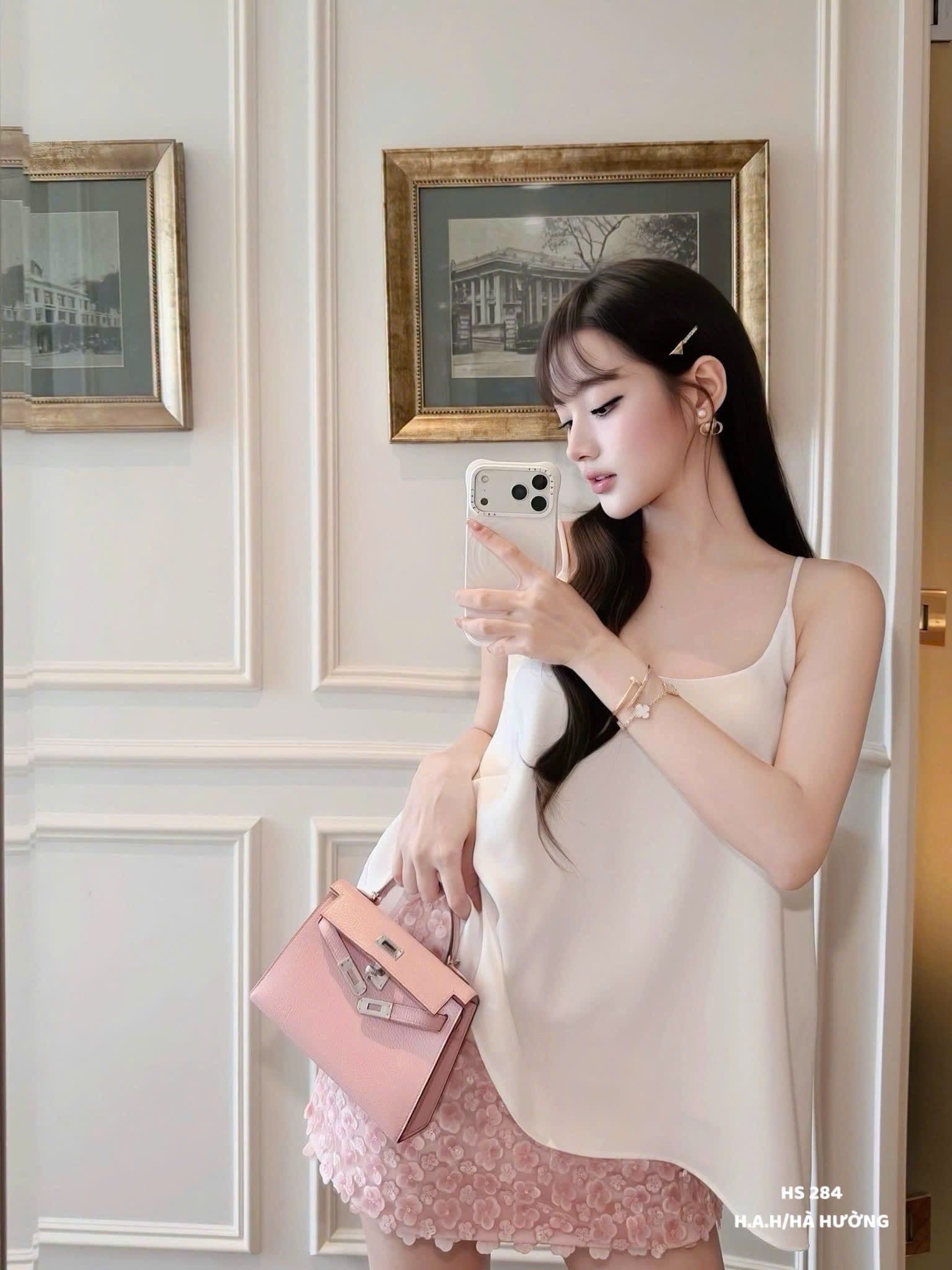  Set áo hai dây lụa mix chân váy kim sa - TRẮNG - K64 ( EO S<68 M<72 ) 