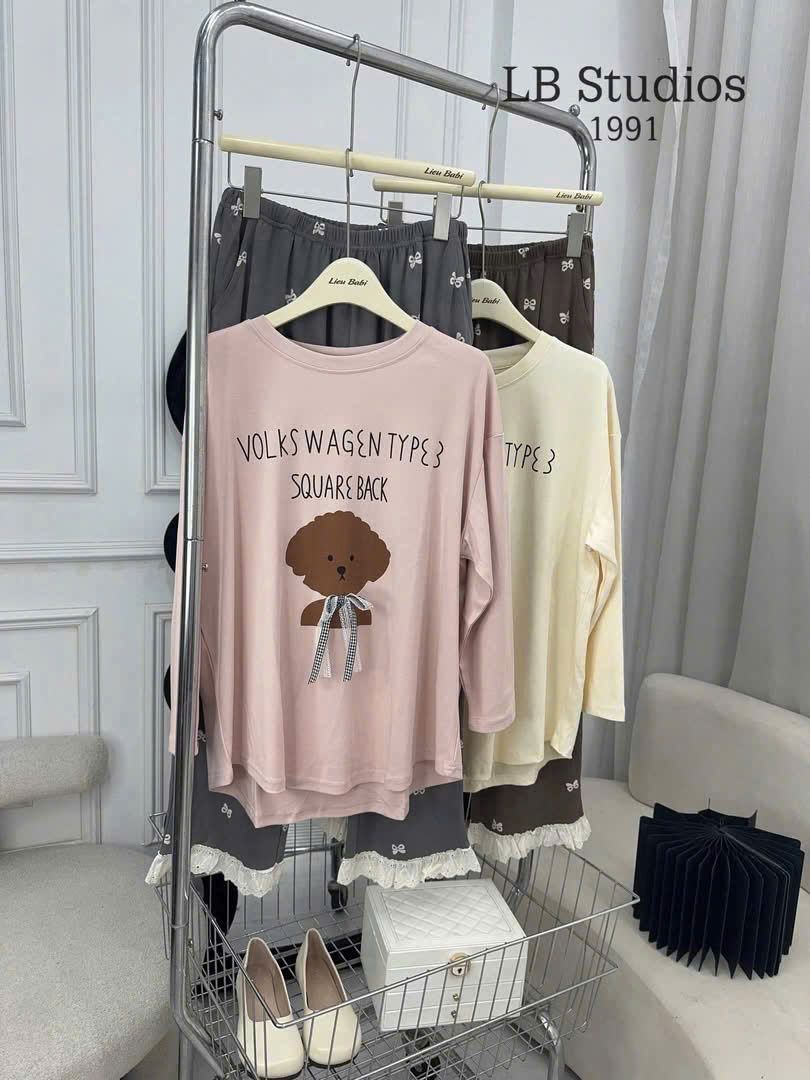  Set bộ thun gân áo tay dài cừu mix quần suông họa tiết nơ - HỒNG - E123 