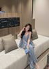 Set áo hai dây kẻ xanh viền ren đính nút mix quần suông - Z65