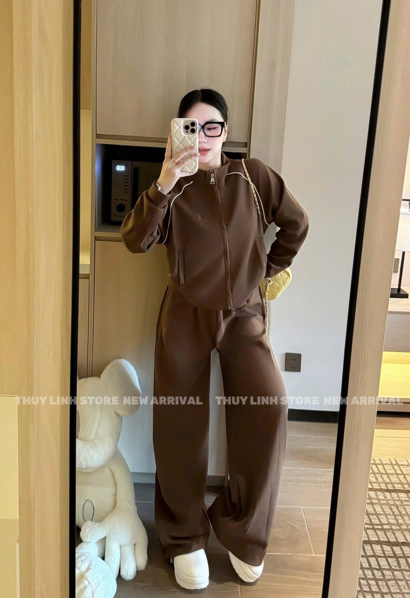  Set bộ áo tay dài khoá kéo mix quần suông ống rút - NÂU - C17 