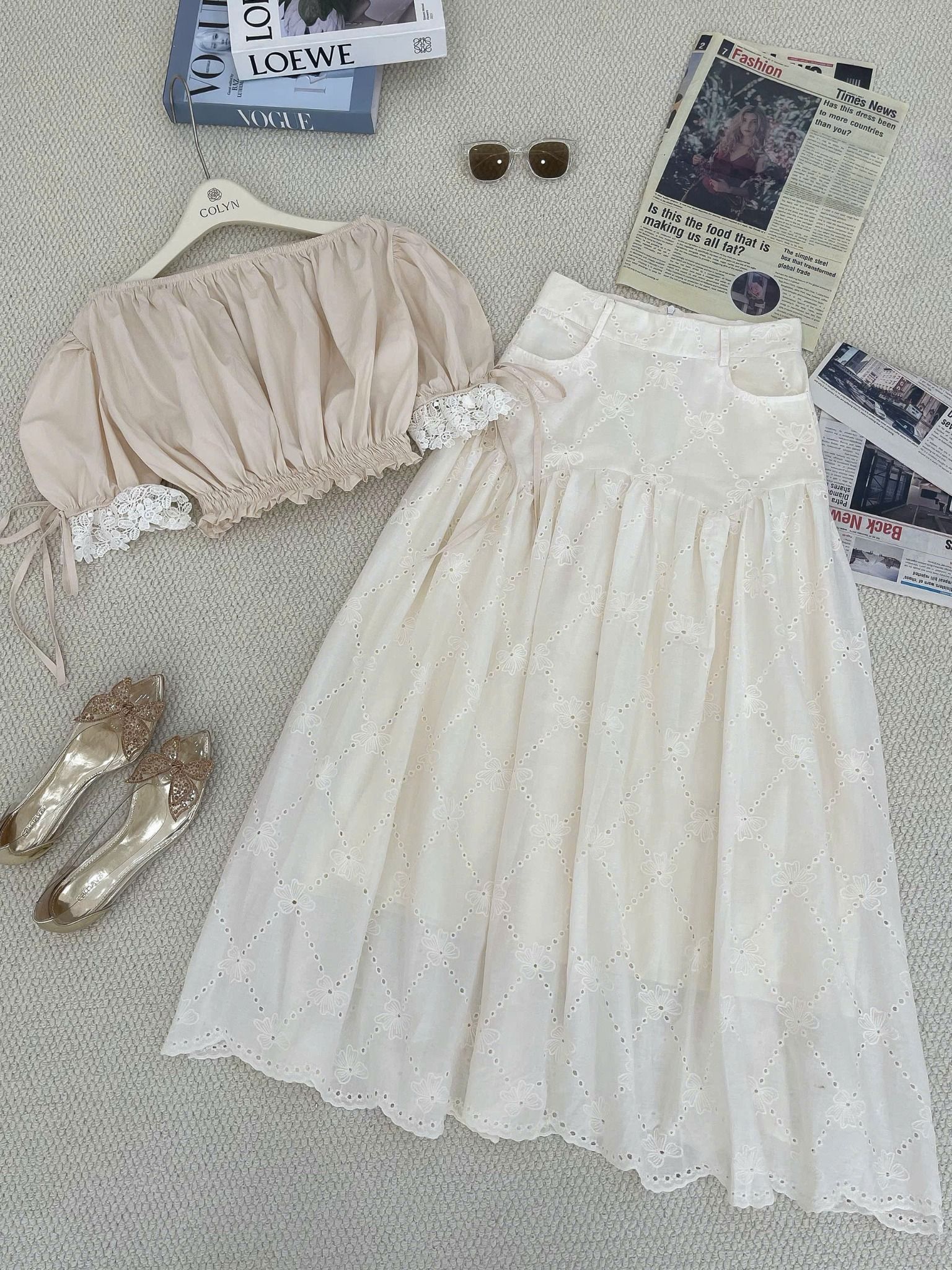  Set áo trễ vai croptop mix chân váy ren dáng dài - K35 (EO S<68, M<72) 