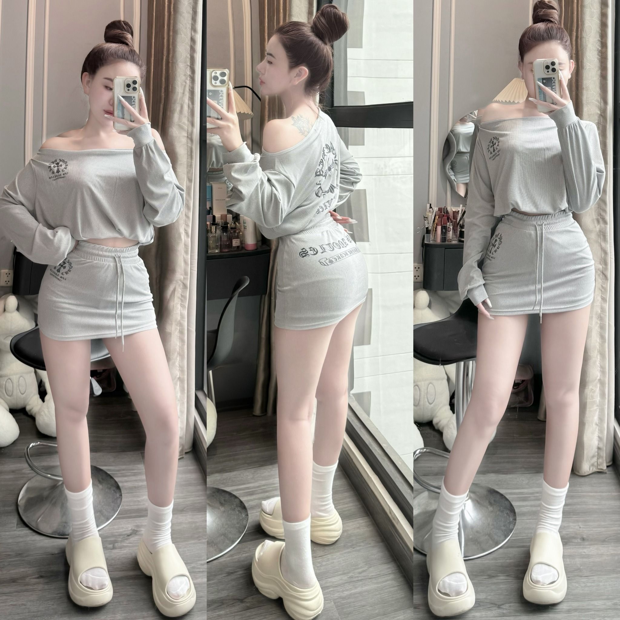  Set áo lệch vai mix chân váy  ôm hoạ tiết chome hot hit - N29 H24 