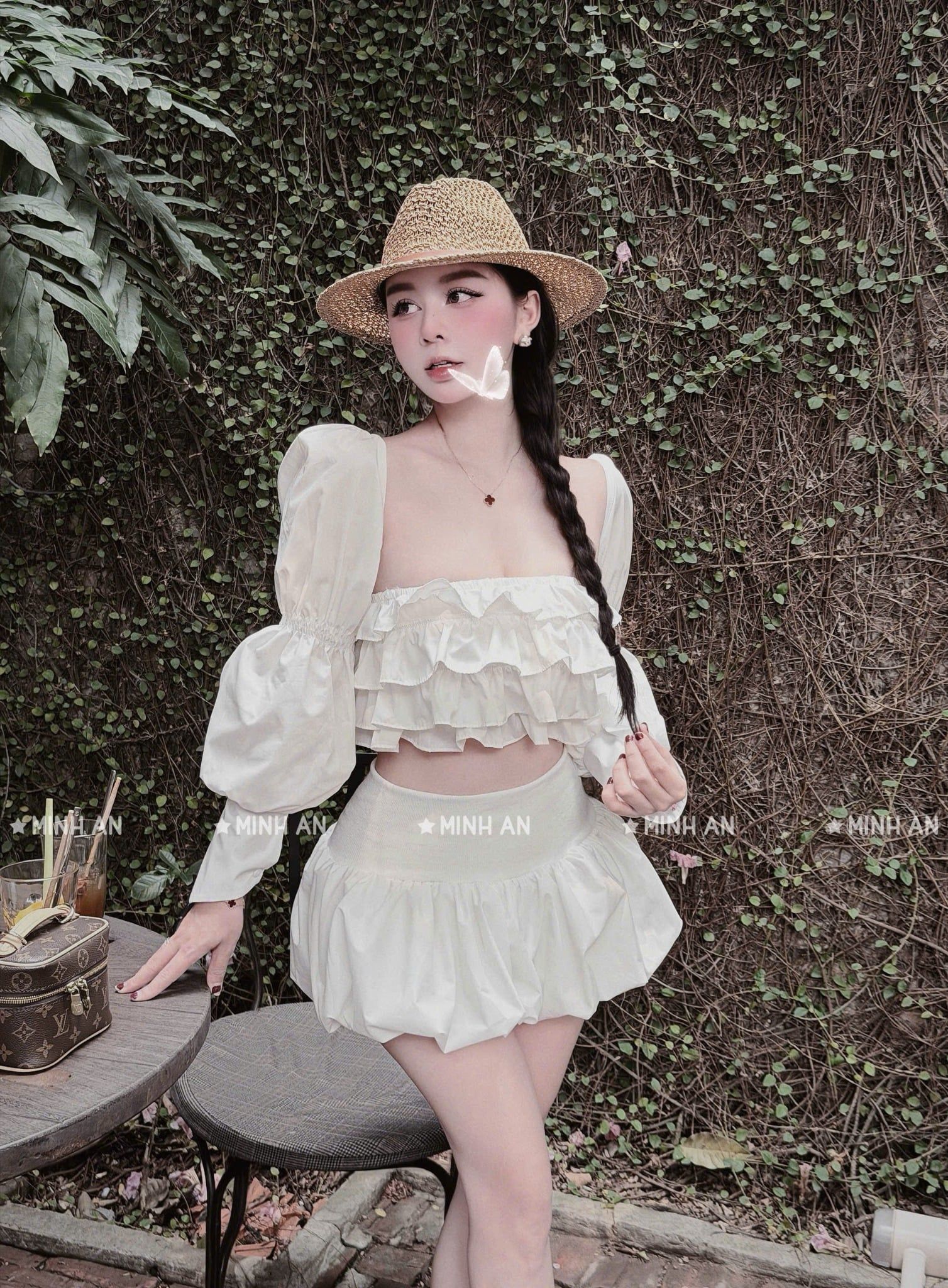  Set áo croptop tay dài phối bèo mix chân váy siêu hot - TRẮNG - K283 (EO S<68, M< 72) 