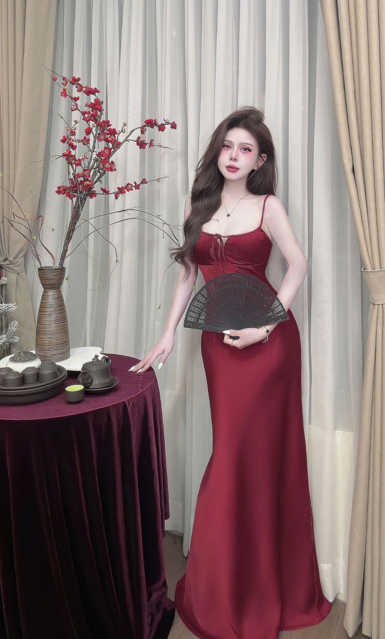  (GỐC 279K GIẢM 179K) Đầm lụa hai dây buộc dây ngực dáng suông dài 130cm - ĐỎ - C205 (EO S<68, M<72, L<76) 