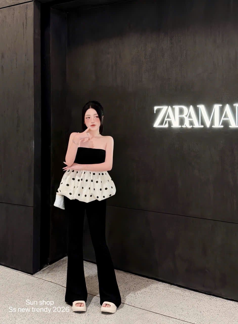  Set áo quây form babydoll chấm bi mix quần loe dáng dài - K201 