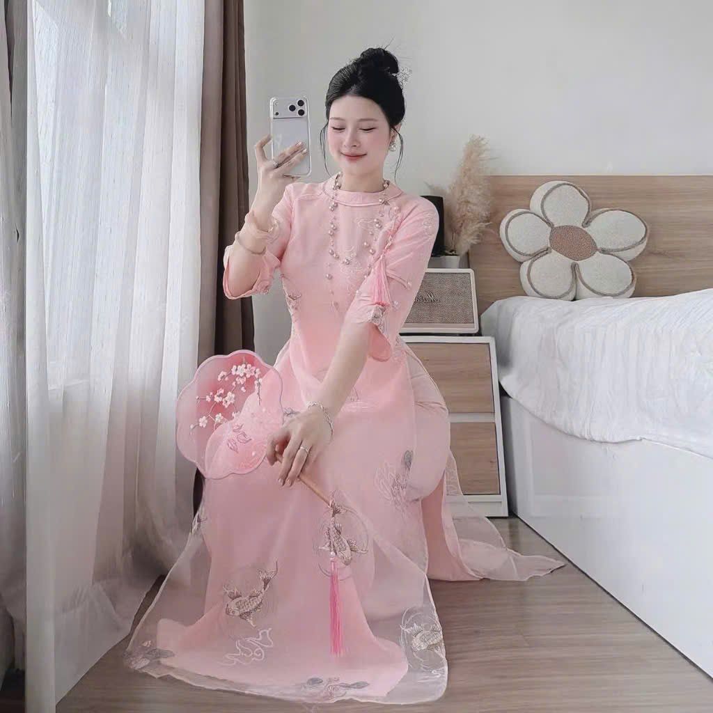  Set áo dài cách tân thêu họa tiết phối quần lụa - HỒNG - C55 