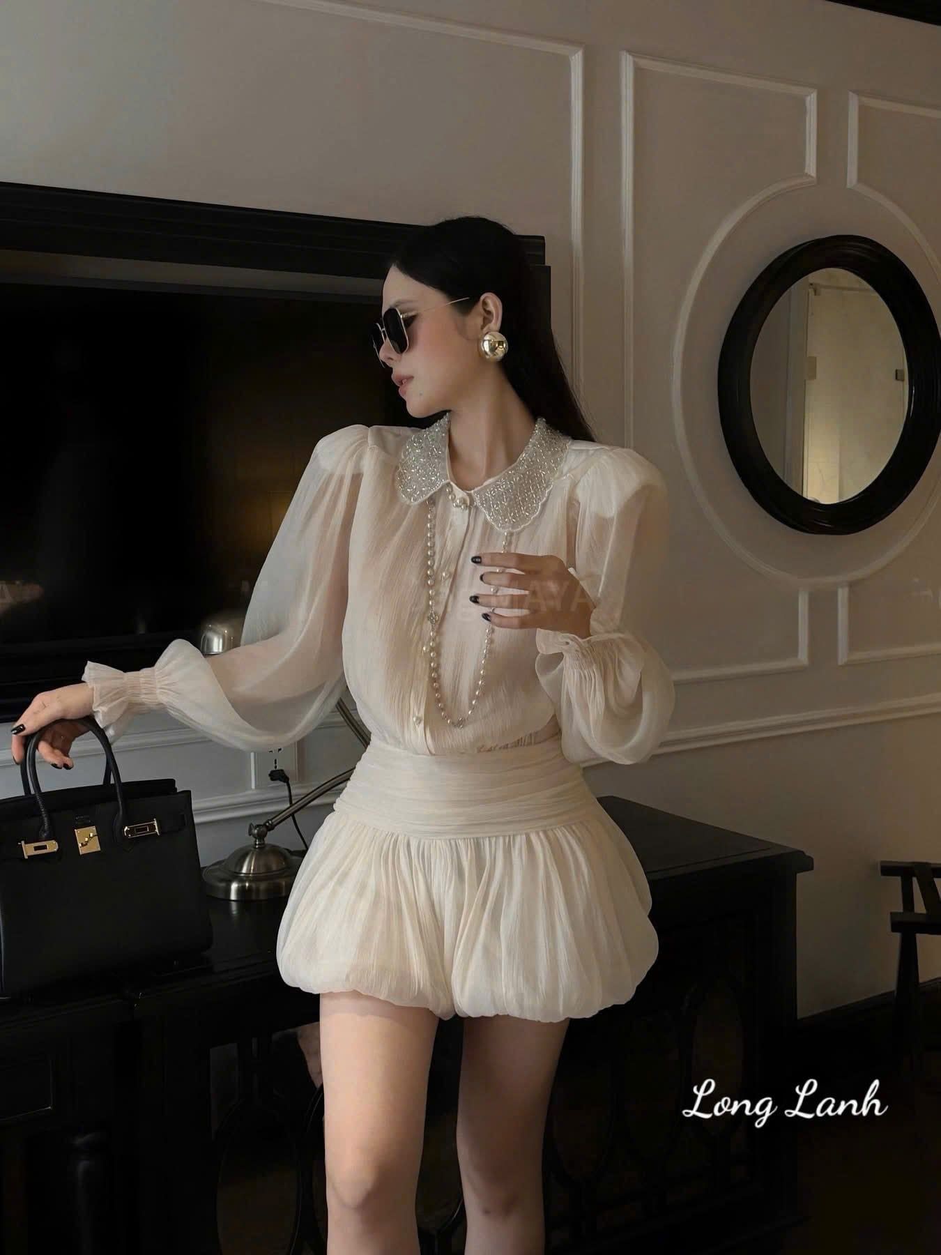  Đầm voan tơ dài tay nhún eo phối chân bom bồng tiểu thư - K125 (EO S<68, M<72) 