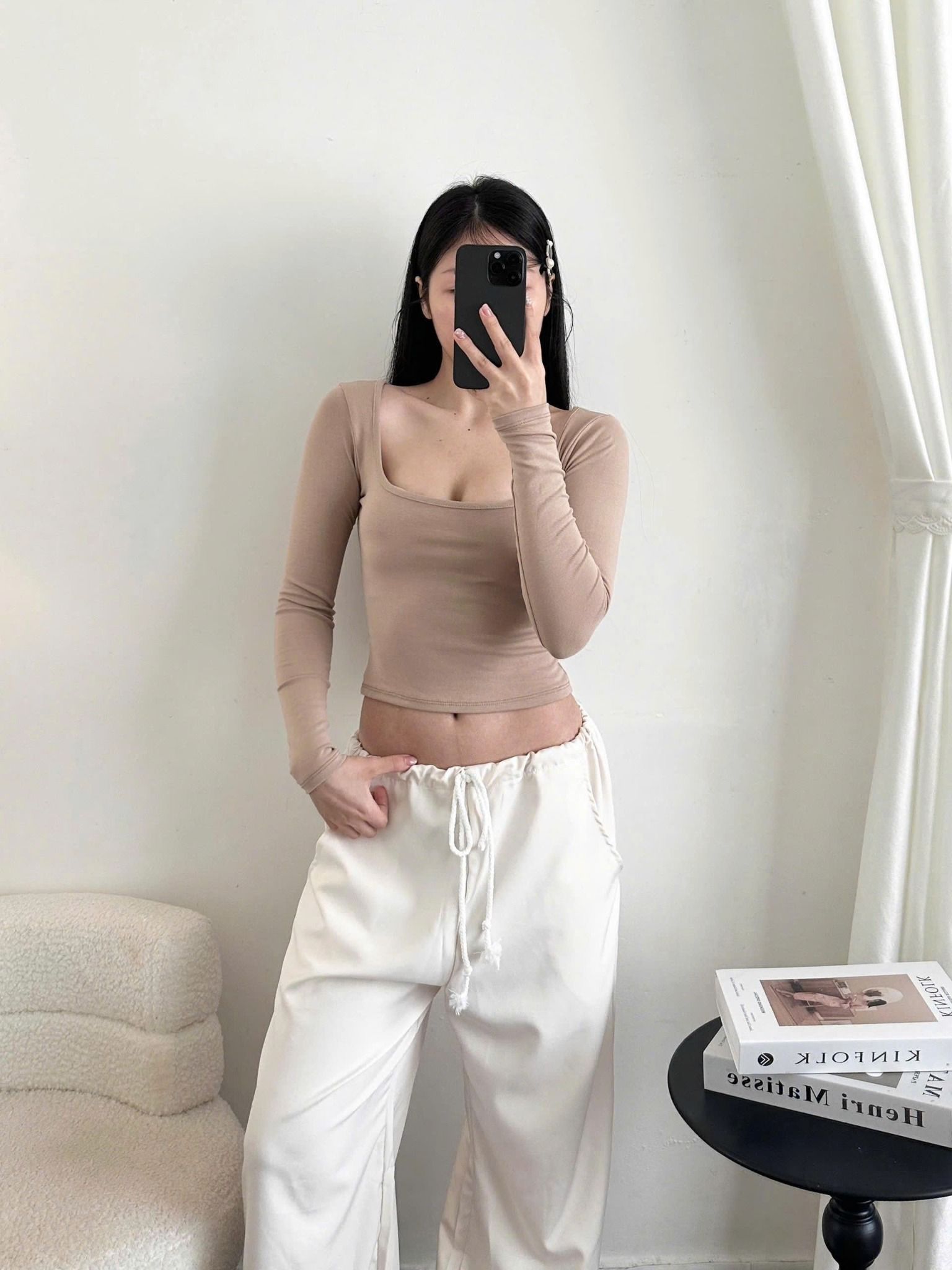  Áo cổ vuông tay dài tôn dáng - NÂU NHẠT - G229 