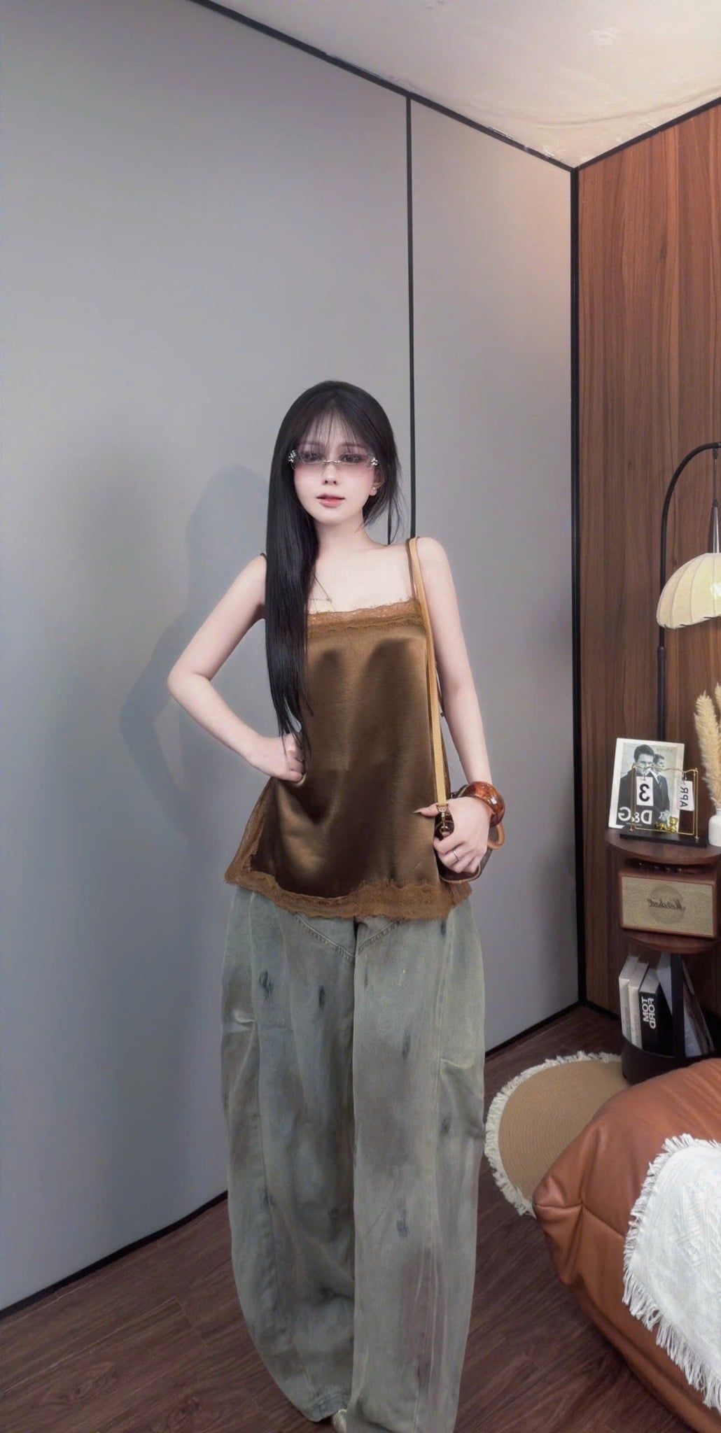  Q13 Áo hai dây lụa phối ren xẻ tà - NÂU - G30 