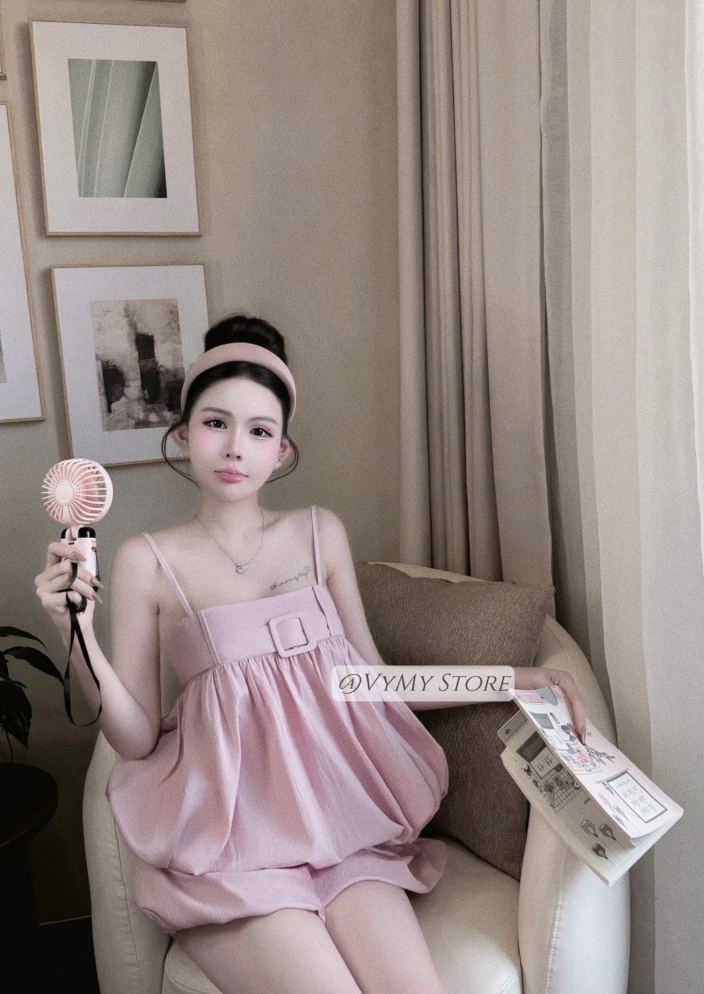  A244 Set áo hai dây đại ngực mix quần bí dáng ngắn - HỒNG - G170 