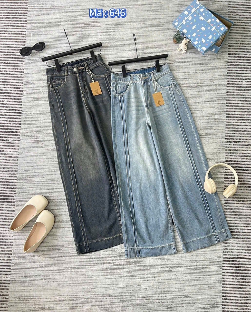  Quần suông ống rộng chicben chạy đường chỉ nổi - XANH NHẠT - E78 ( dài 98cm ) ( eo S<66, M<70, L<74 ) 