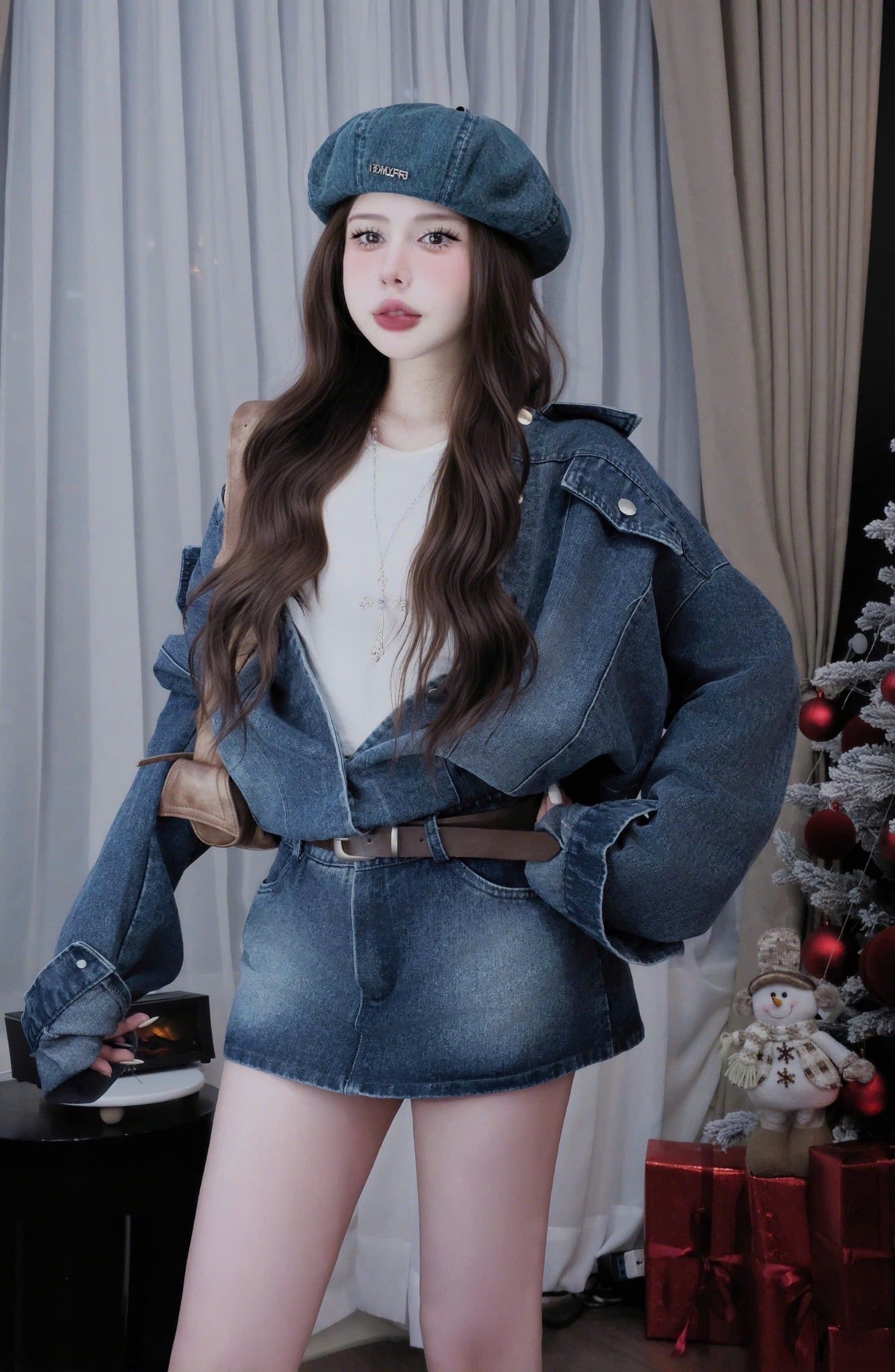  Set 2 món áo khoác jean form rộng mix chân váy bò form ngắn - G55 (eo S<68, M<72) 