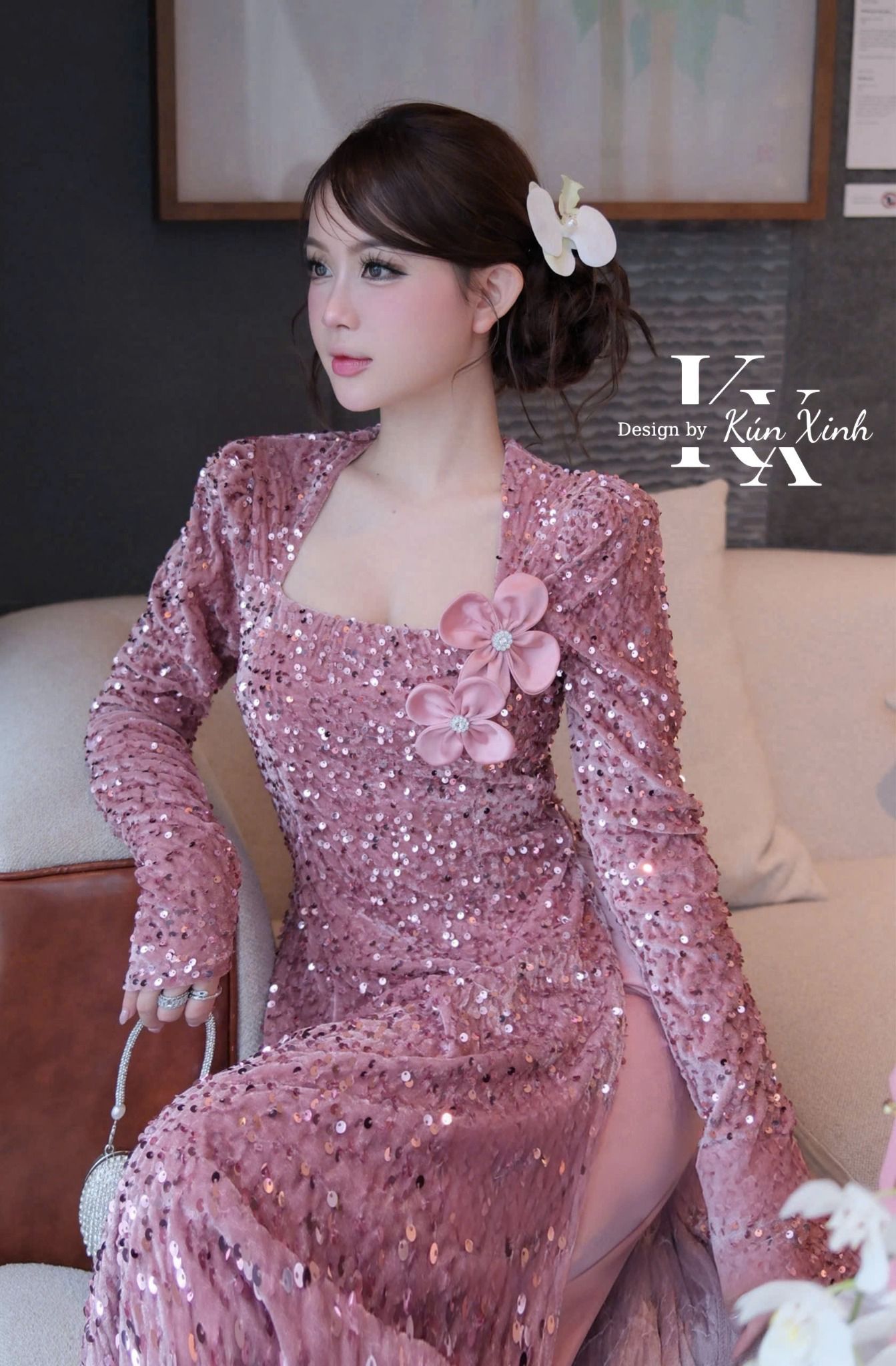 Set áo dài nhung kim sa đúp lót 2 lớp mix quần lụa dài - HỒNG - Q42 (EO S<68, M<72) 