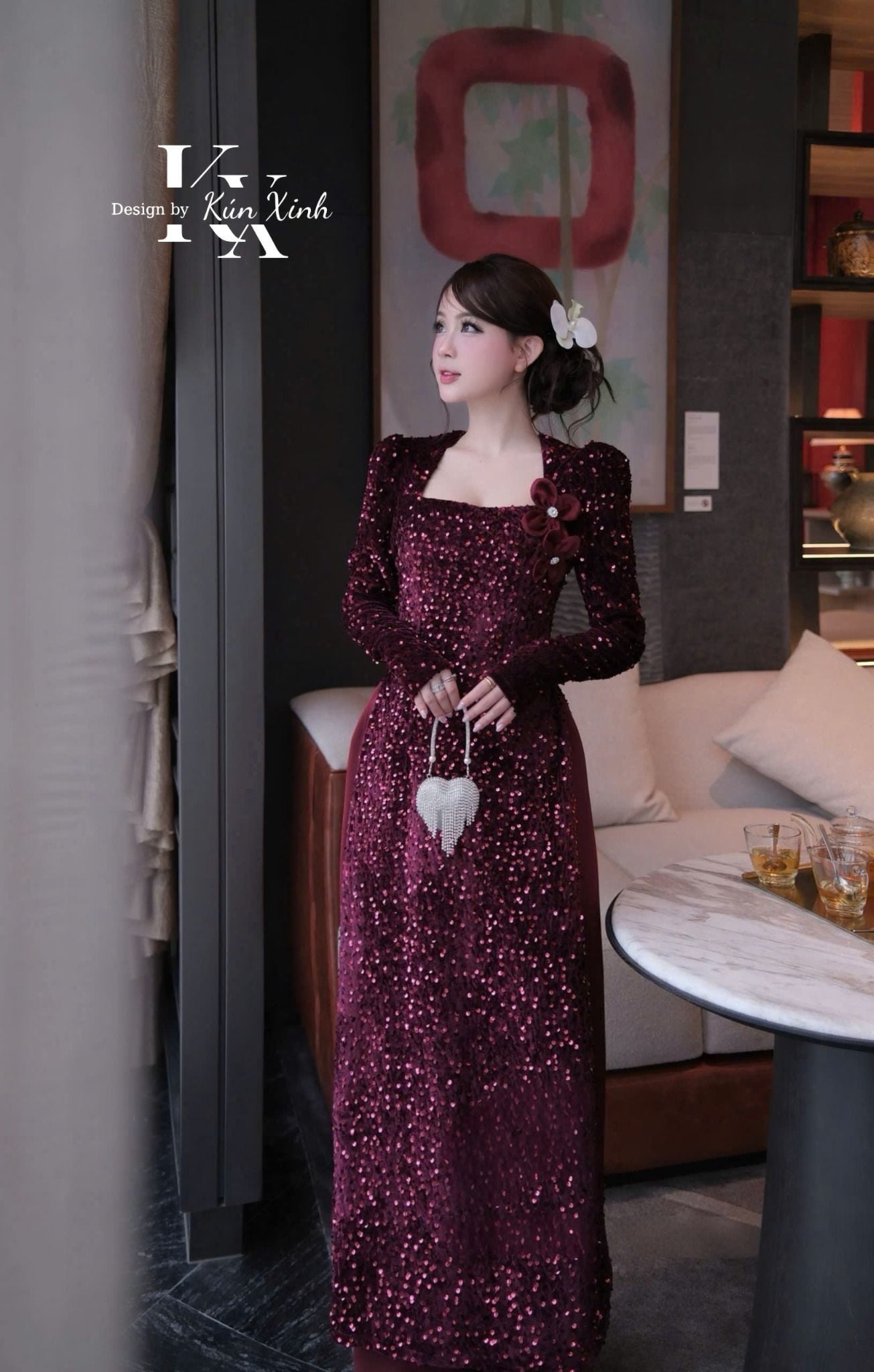  Set áo dài nhung kim sa đúp lót 2 lớp mix quần lụa dài - ĐỎ - Q41 (EO S<68, M<72) 