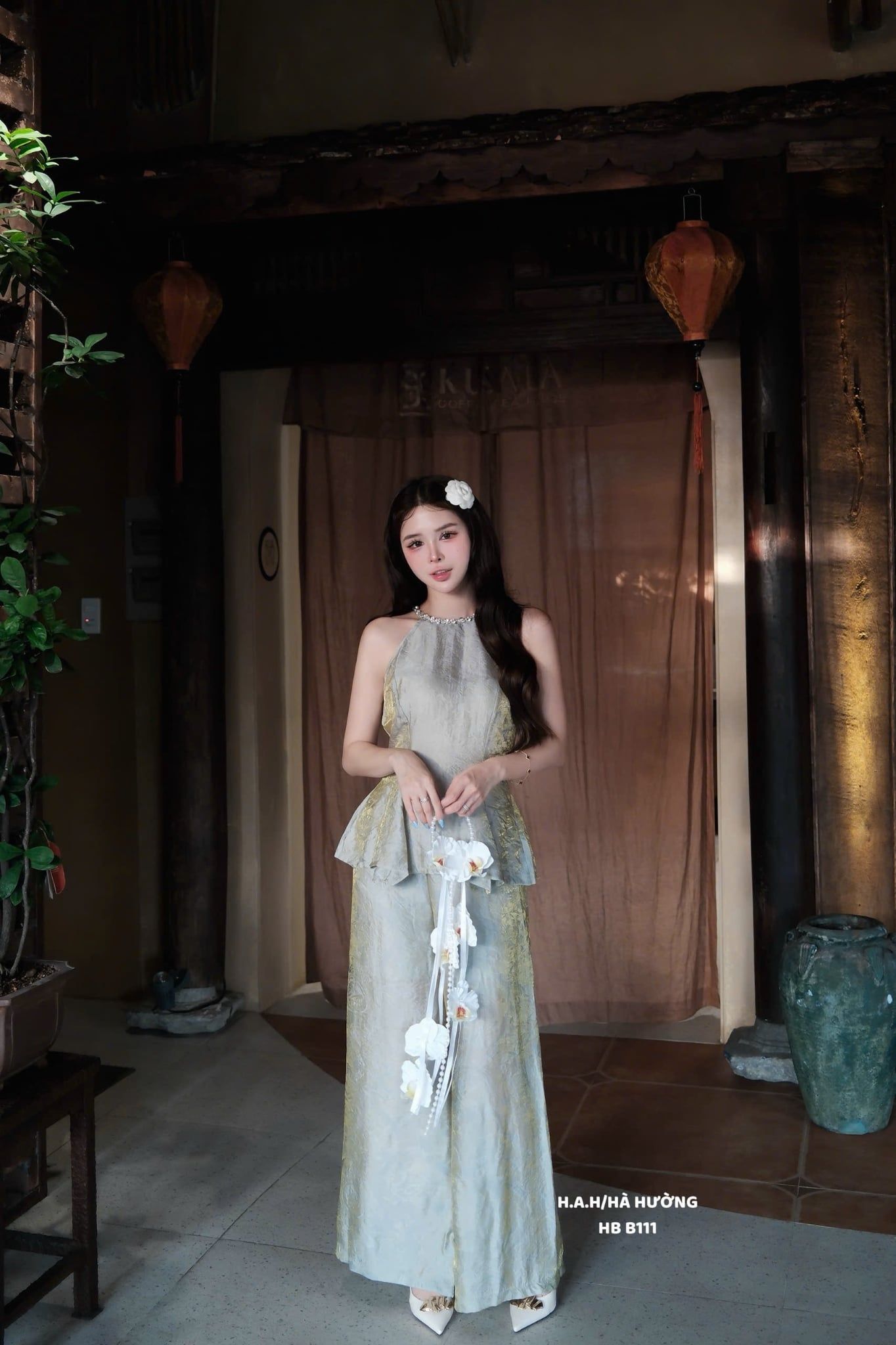  Set áo Peplum đính đá eo xòe mix quần suông dáng dài - K57 