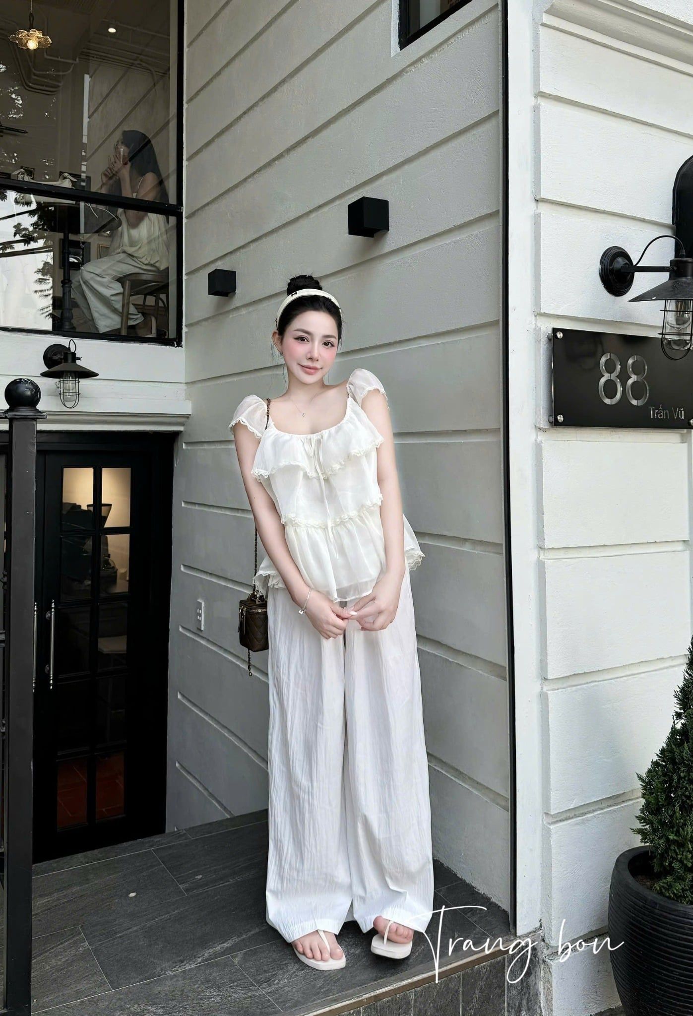  Set áo tơ tầng phối ren mix quần suông dáng dài - TRẮNG - G184 