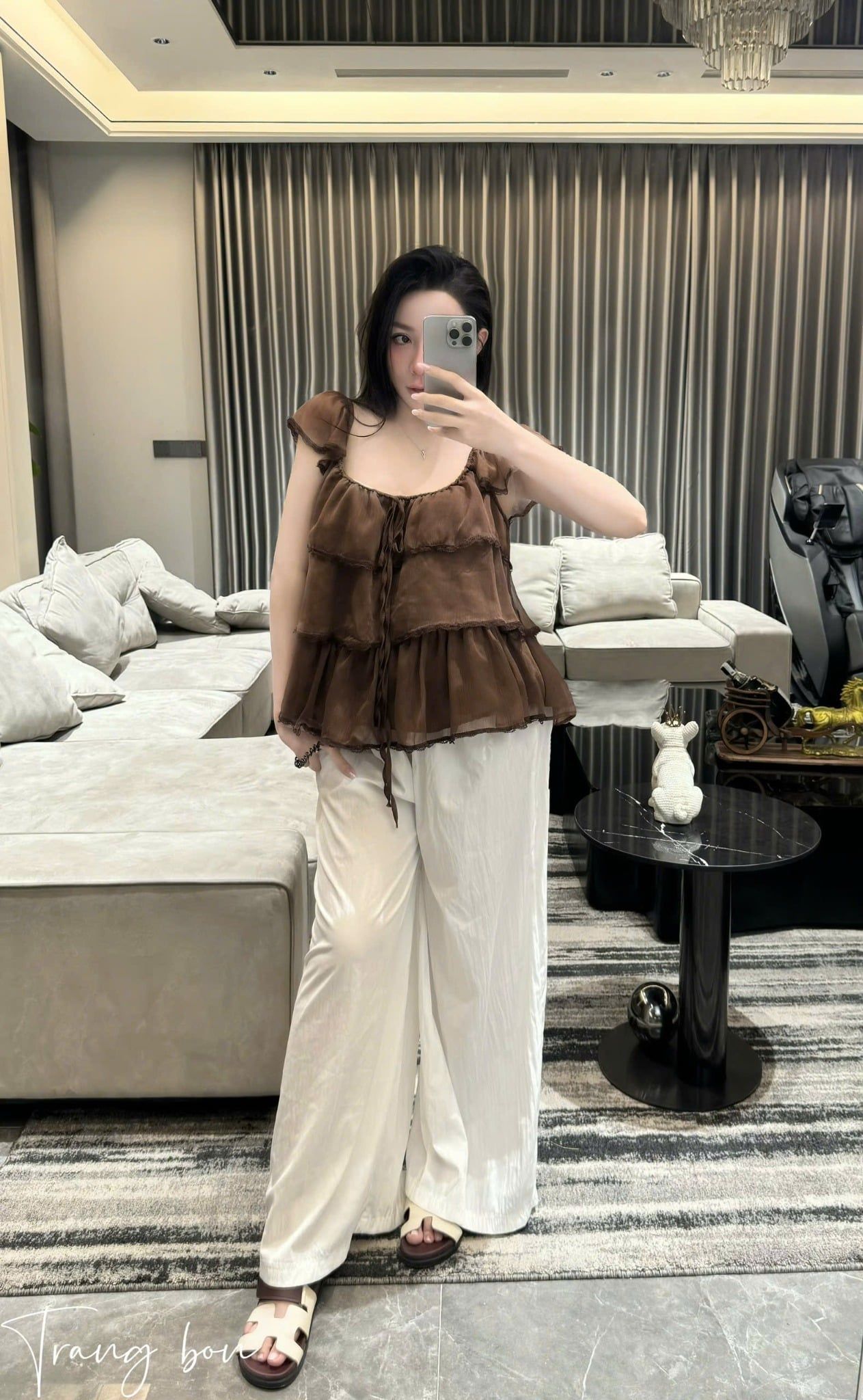 Set áo tơ tầng phối ren mix quần suông dáng dài - NÂU - G183 
