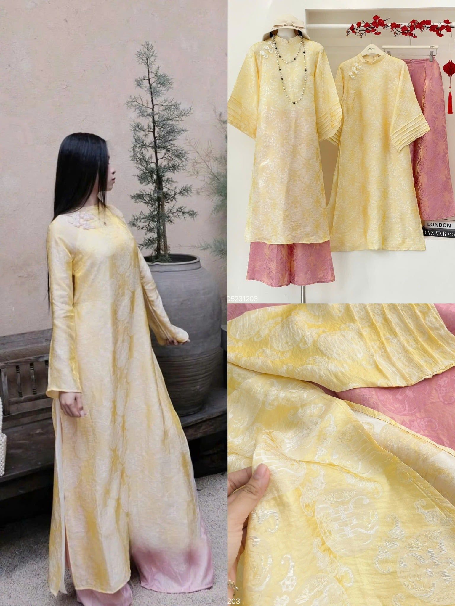  Áo dài vân hoạ tiết cài nút tàu mix quần suông lụa hồng - G93 