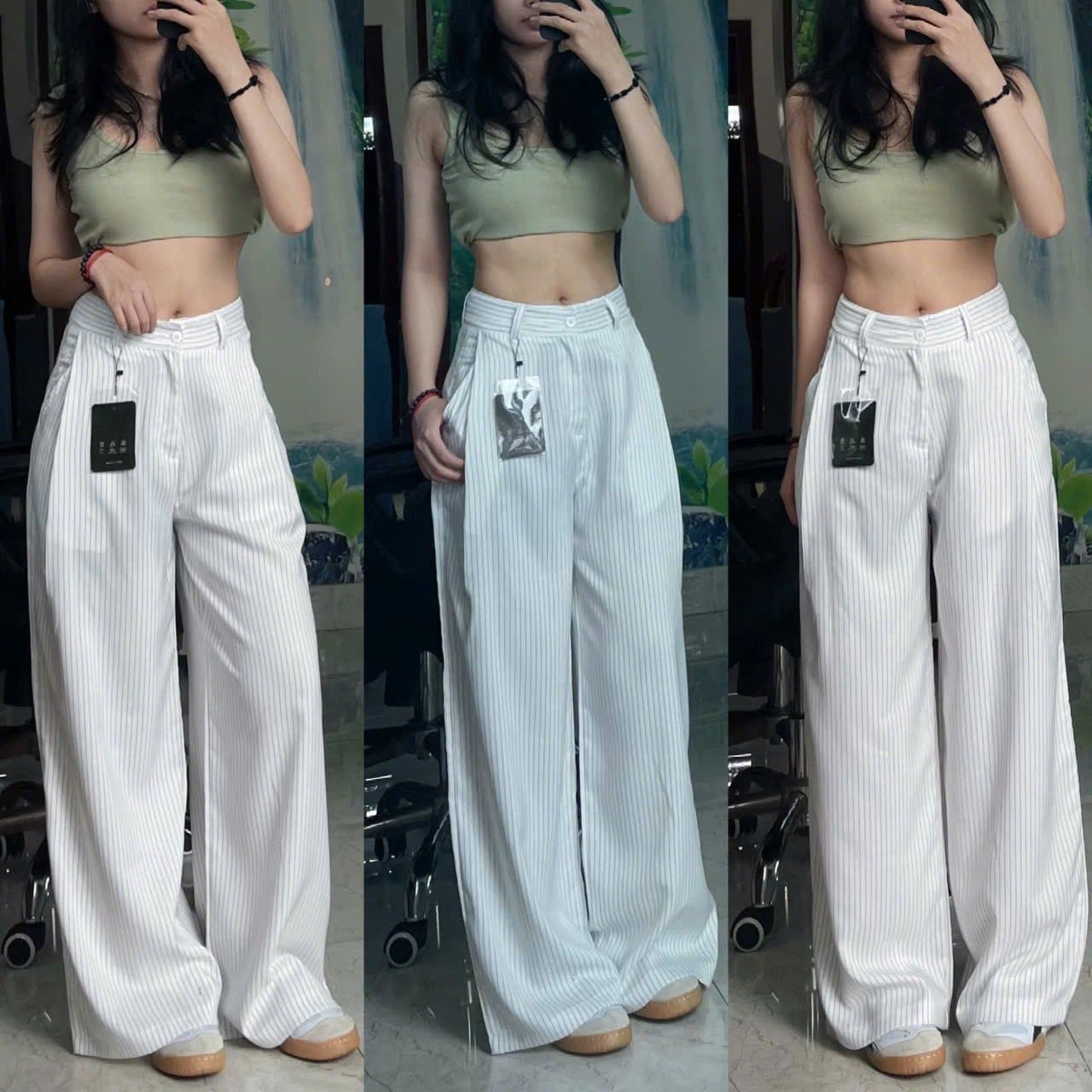  Quần suông ống rộng kẻ sọc - TRẮNG - S126 ( eo S<64, M<68, L<72 ) ( DÀI 103CM ) 