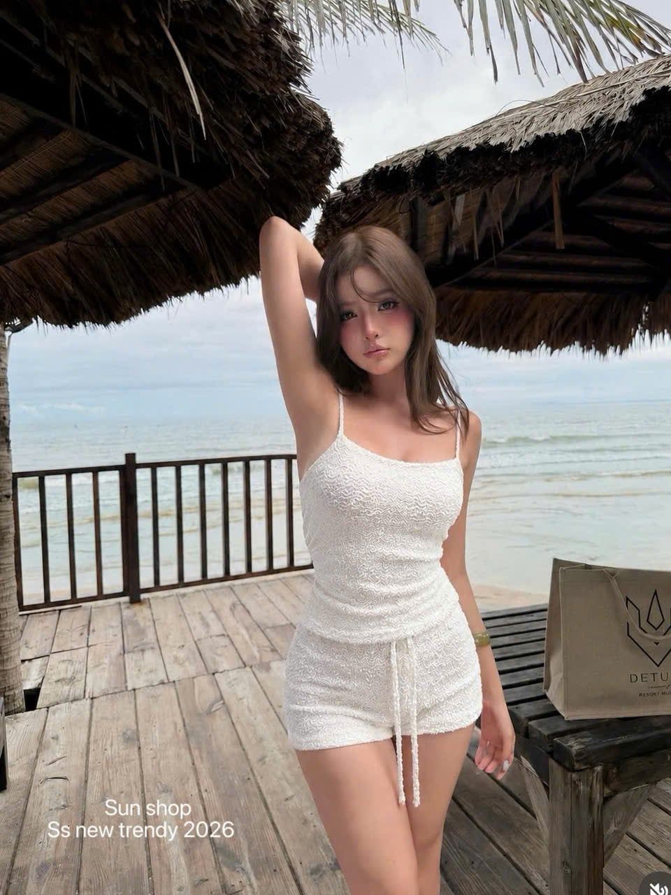  Set lông gấu áo hai dây mix quần short mùa hè - TRẮNG - V210 